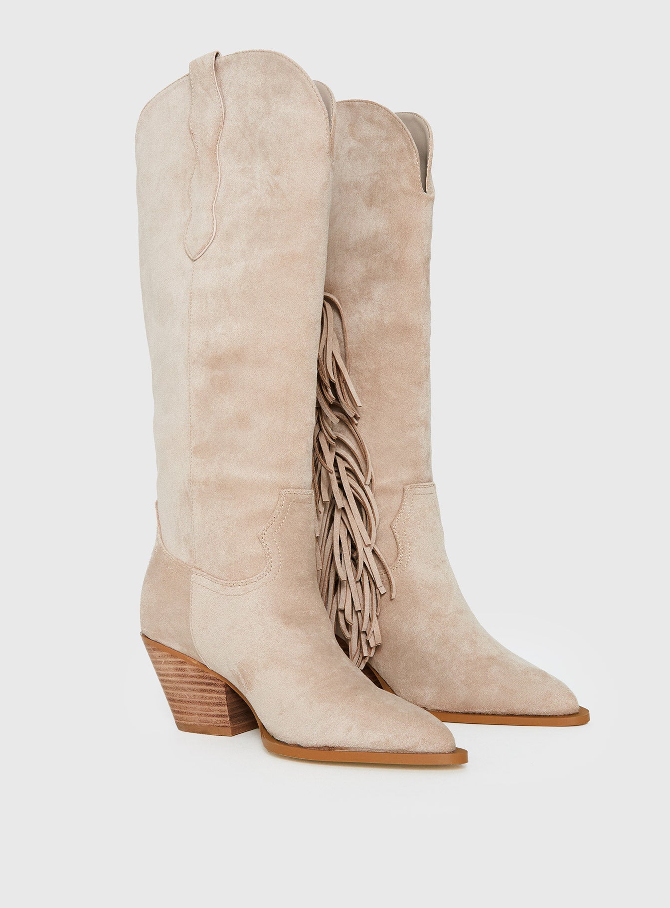 Billini Ardie Faux Suede Tassel Cowboy Boots Light Beige - Image 2