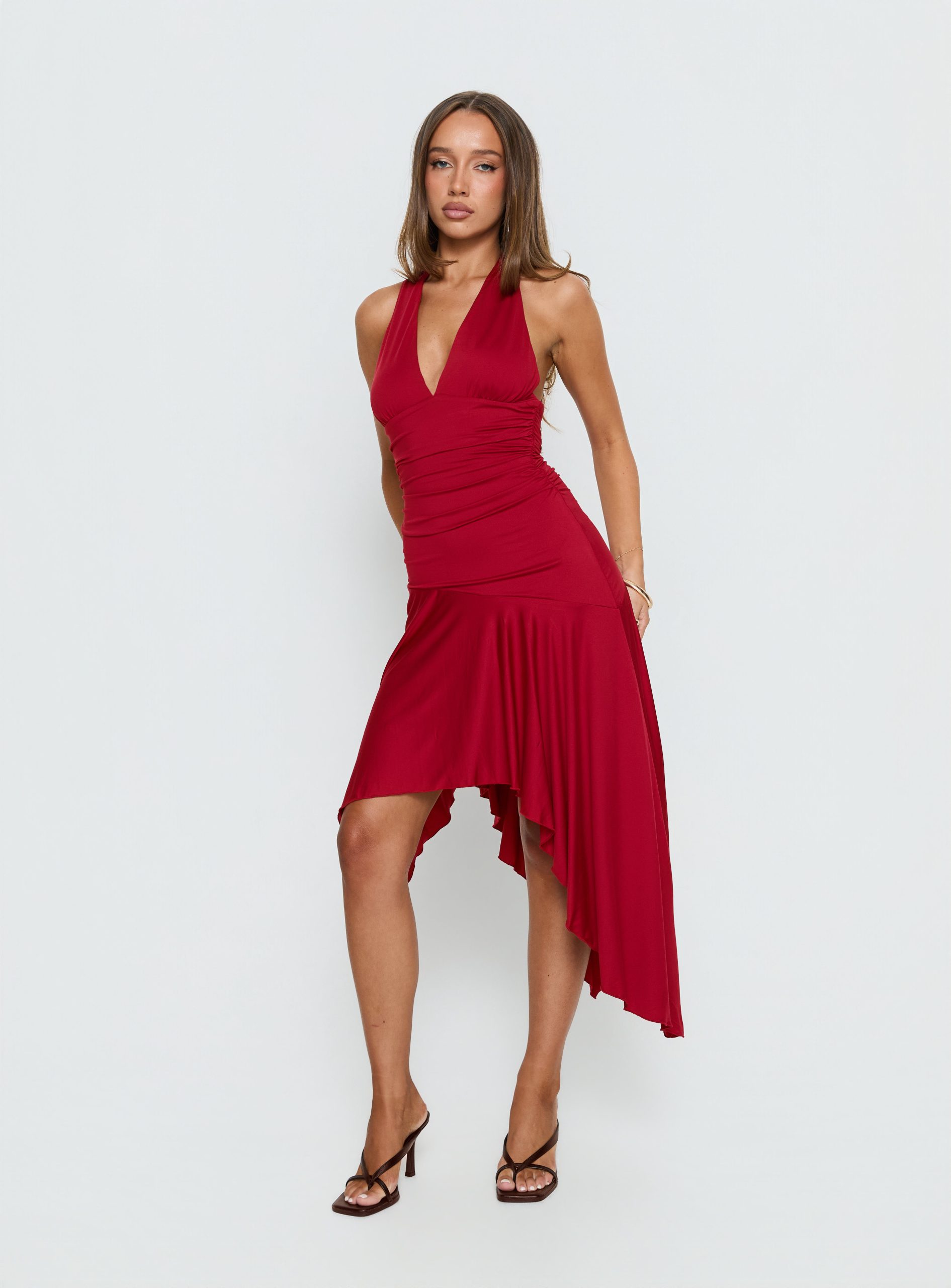 Emara Halter Asymmetrical Midi Dress Red - Image 3
