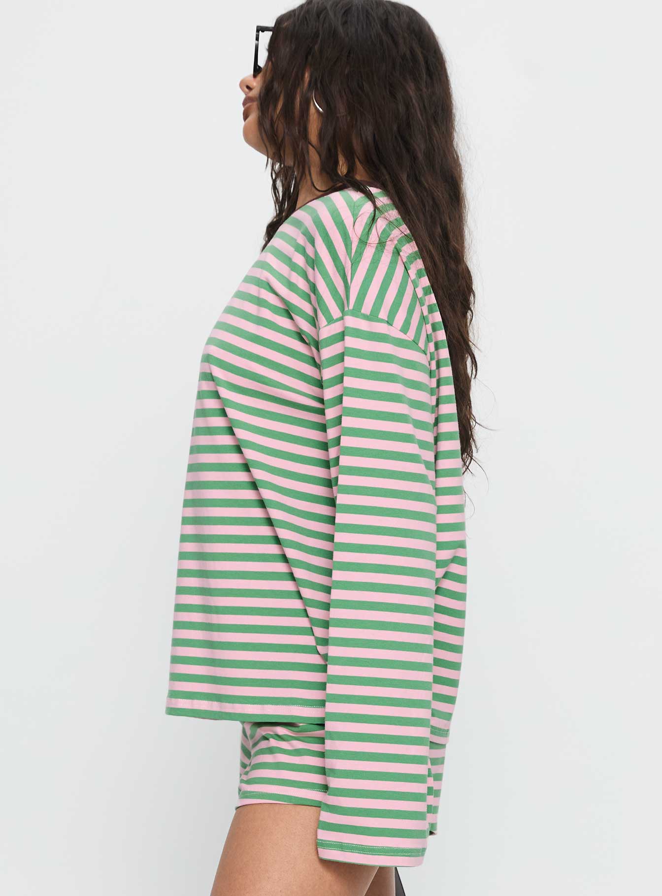 Settle Down Long Sleeve Top Green / Pink Stripe - Image 4