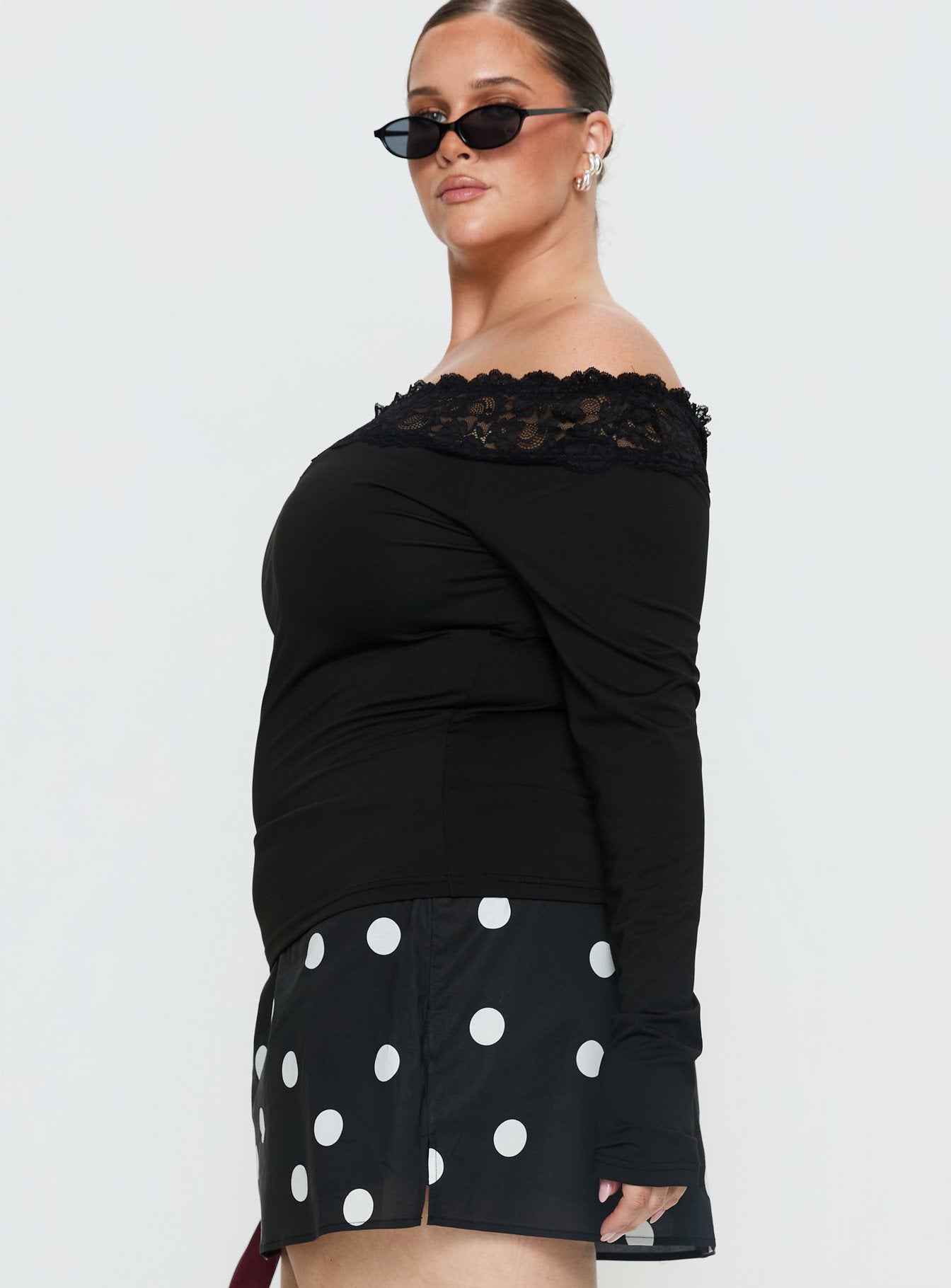 Breiann Lace Off Shoulder Long Sleeve Top Black Curve - Image 3