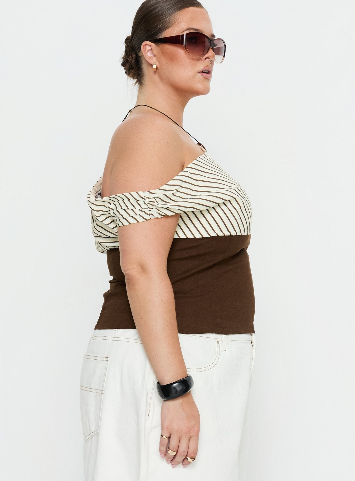 Past Life One Shoulder Top Brown / Stripe Curve - Image 4