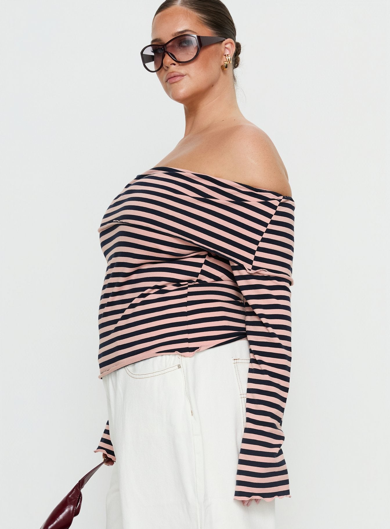 Janicia Off Shoulder Top Pink Stripe Curve - Image 3