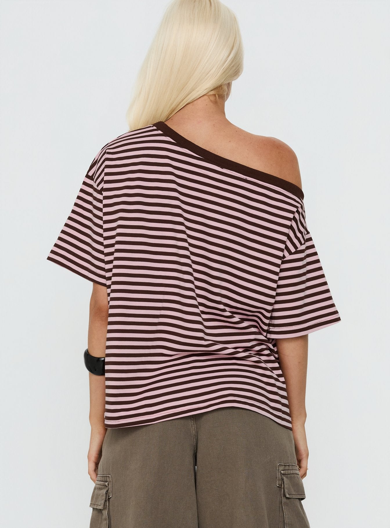 Settle Down One Shoulder Top Pink / Chocolate Stripe - Image 4