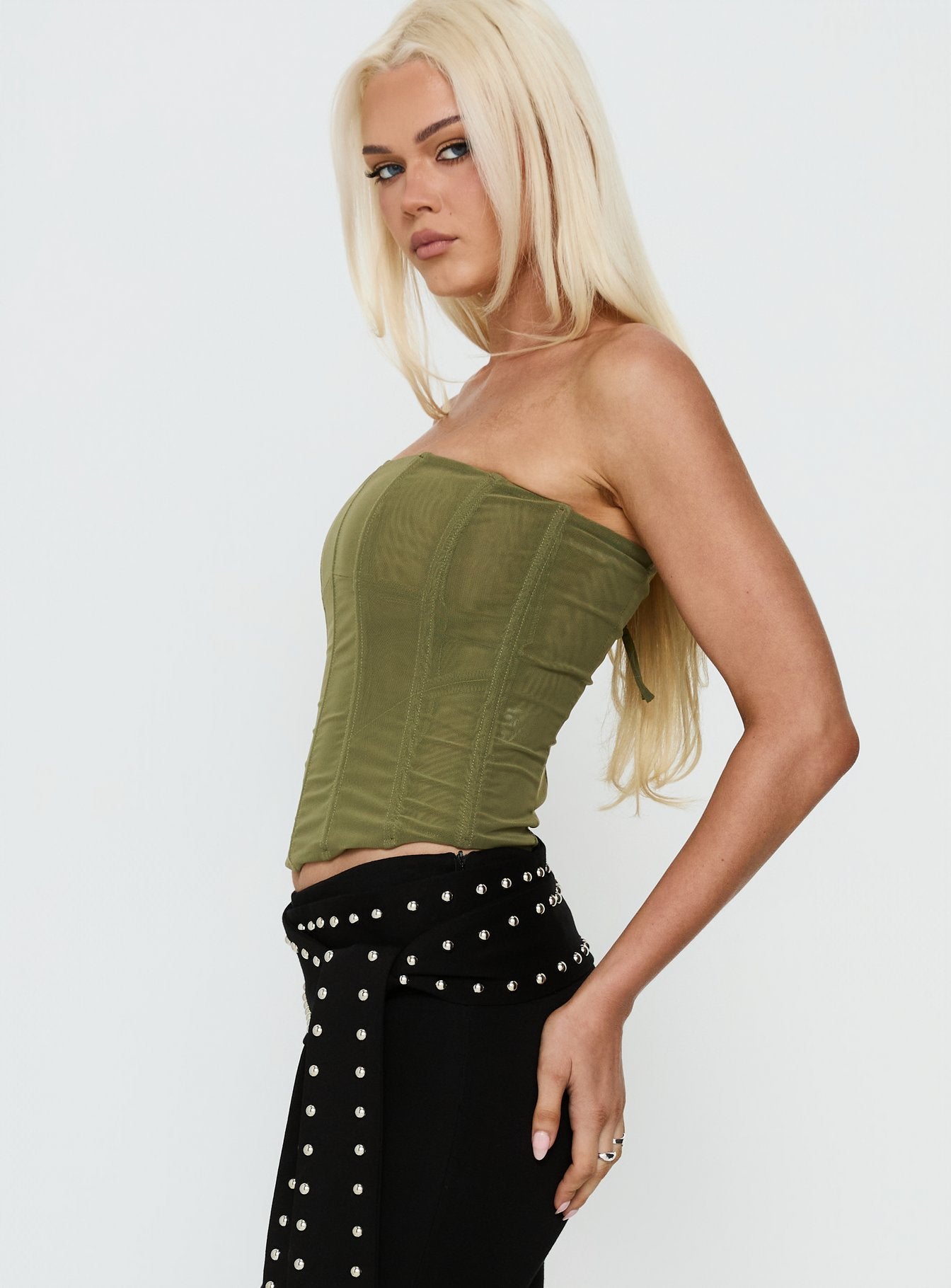 Oscuro Longline Mesh Corset Top Khaki - Image 4