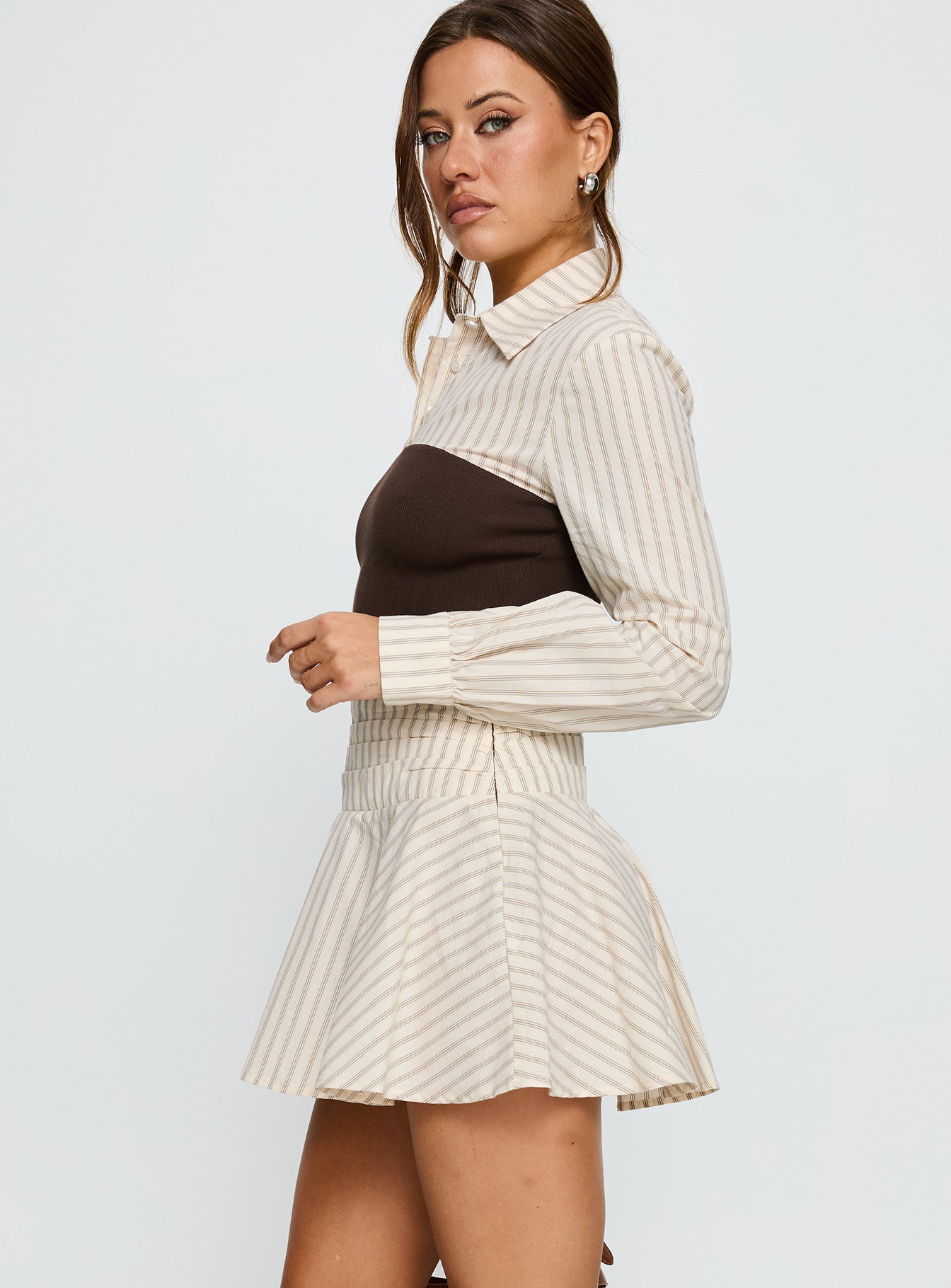 Belva Long Sleeve Corset Shirt Mini Dress Brown Stripe - Image 4