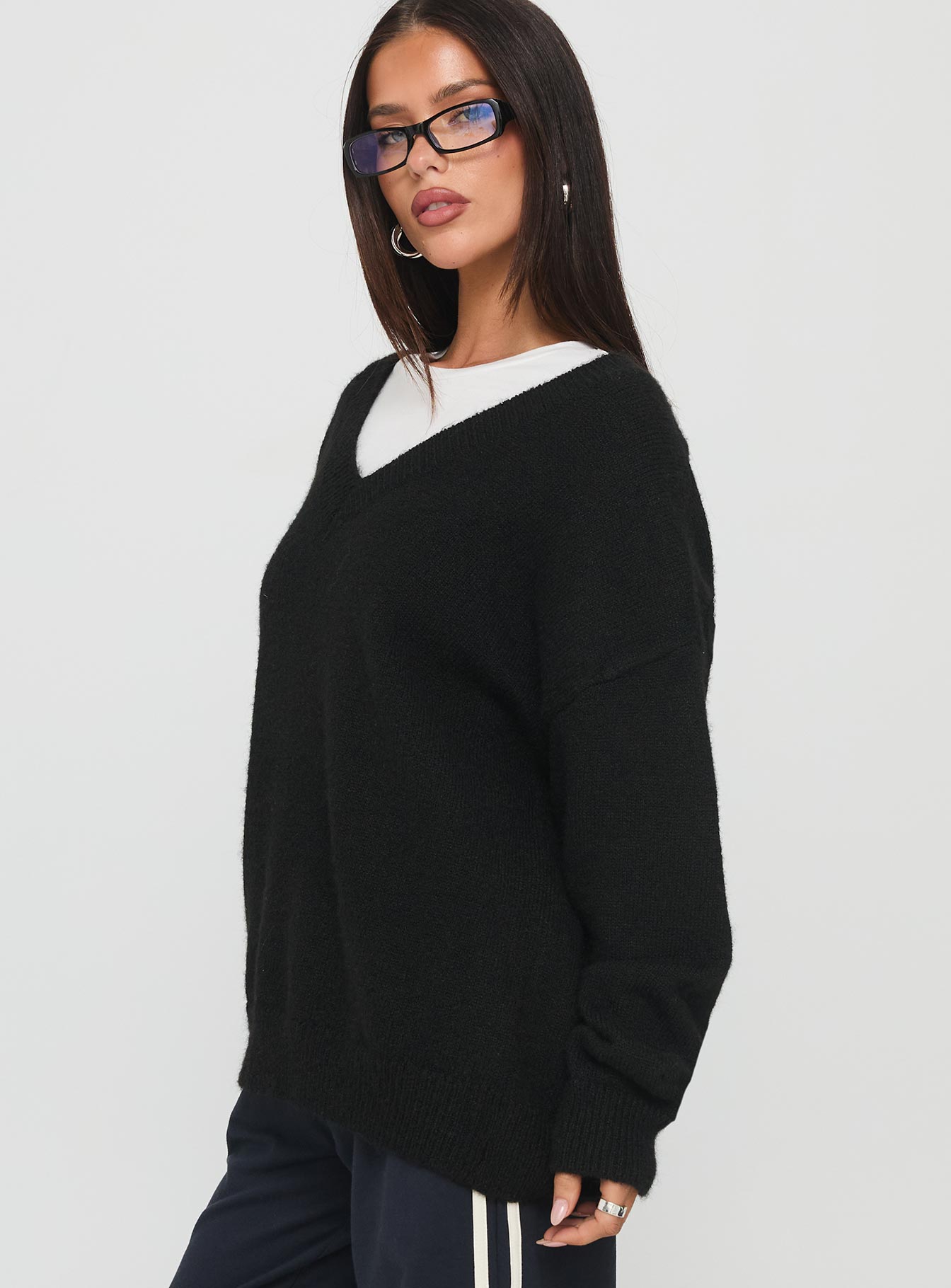 Stay The Night V Neck Knit Sweater Black - Image 4