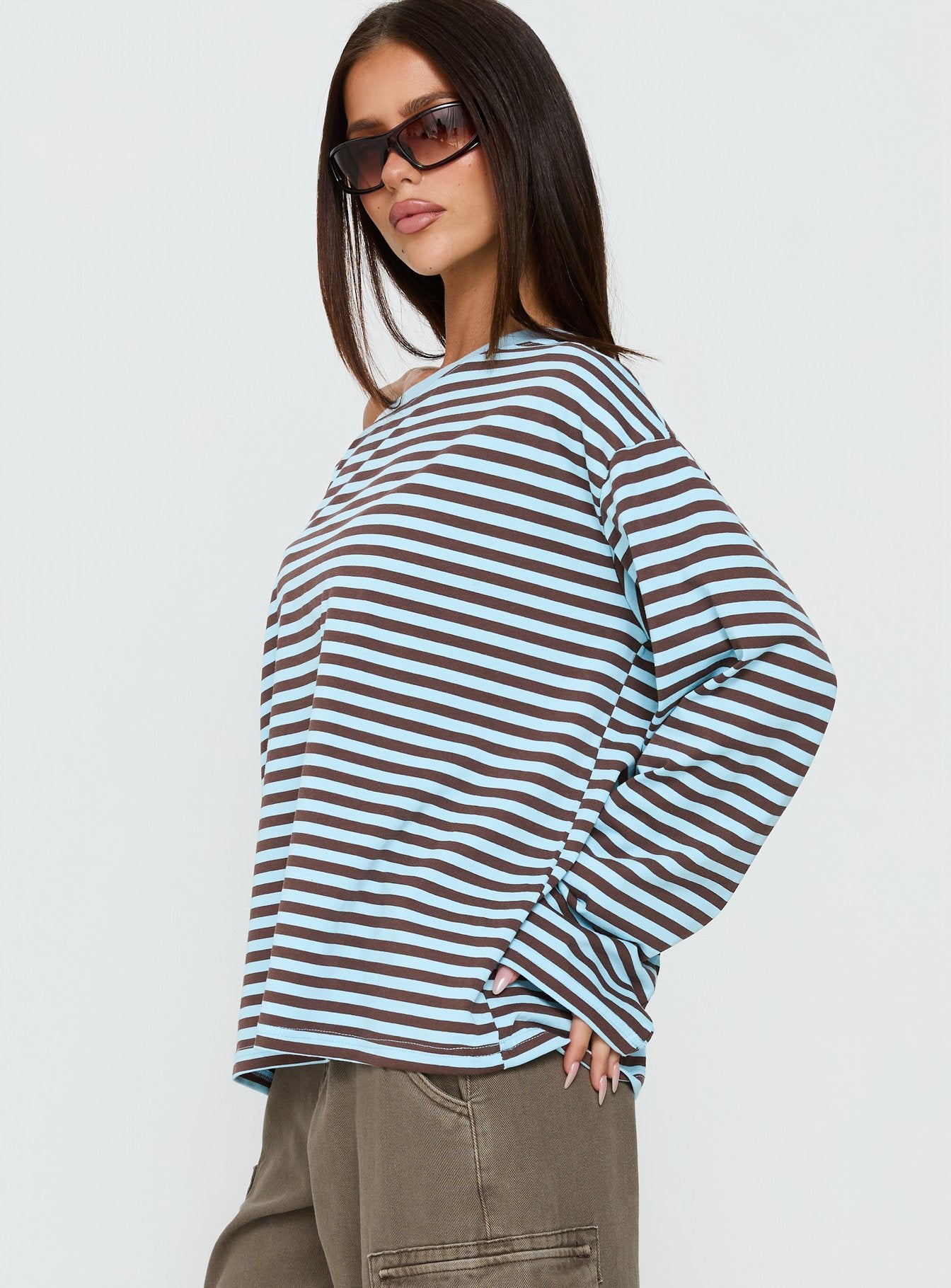 Settle Down One Shoulder Long Sleeve Top Chocolate / Blue Stripe - Image 4