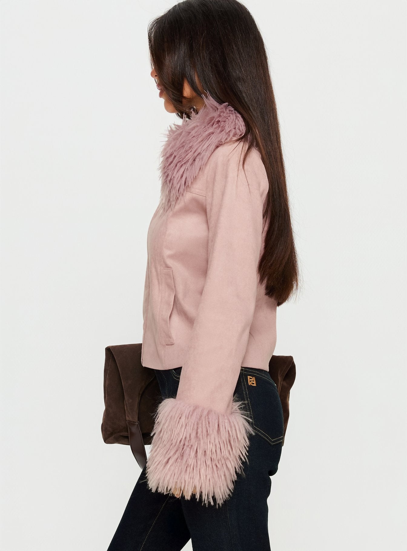 Jeanna Suede Faux Fur Detail Jacket Pink - Image 4