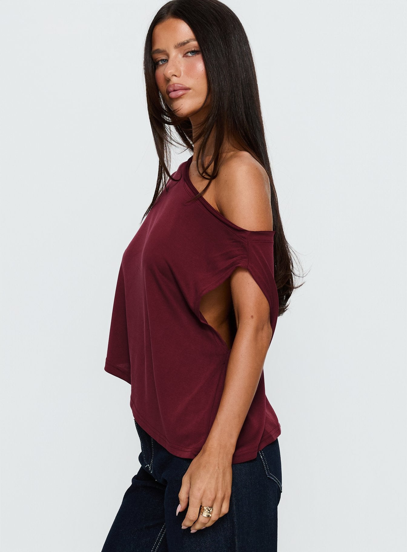 Passerby Asymmetrical Off Shoulder Top Burgundy - Image 4