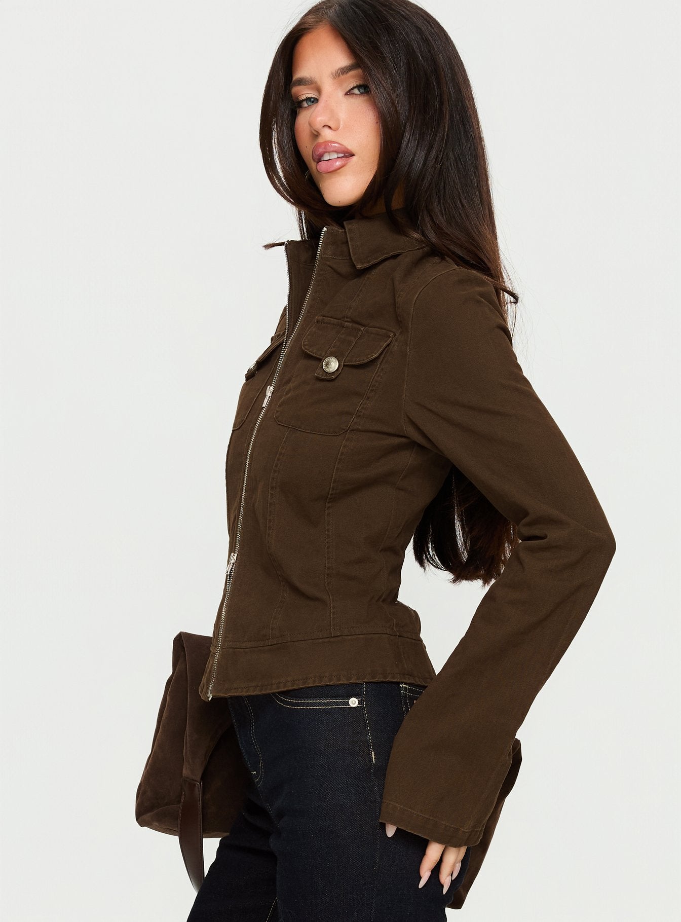 Kelehan Long Sleeve Zip Front Top Stonewashed Brown - Image 4