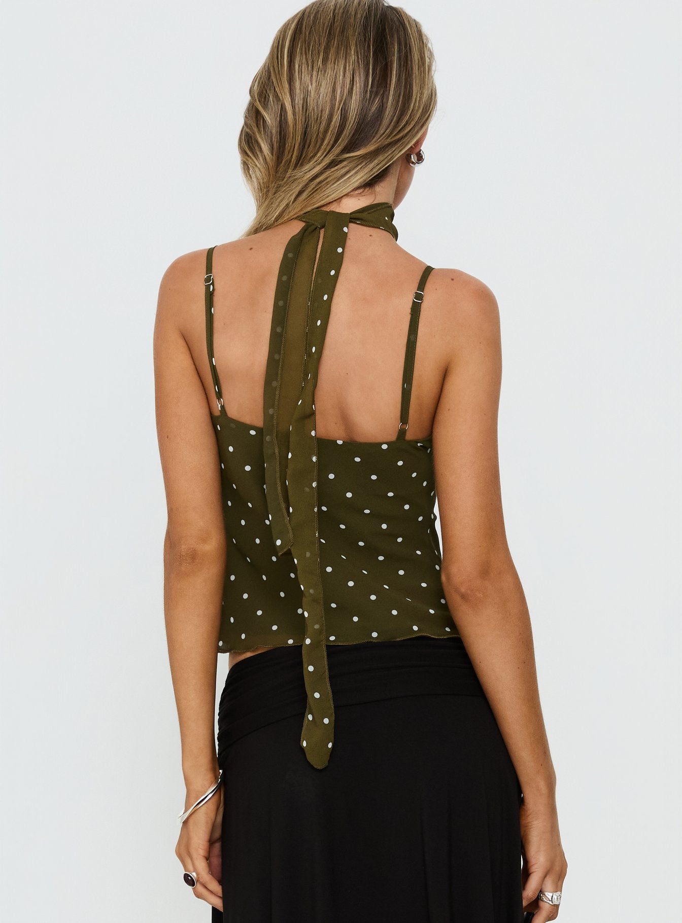 Mishy Scarf Detail Cami Top Olive Polka - Image 4
