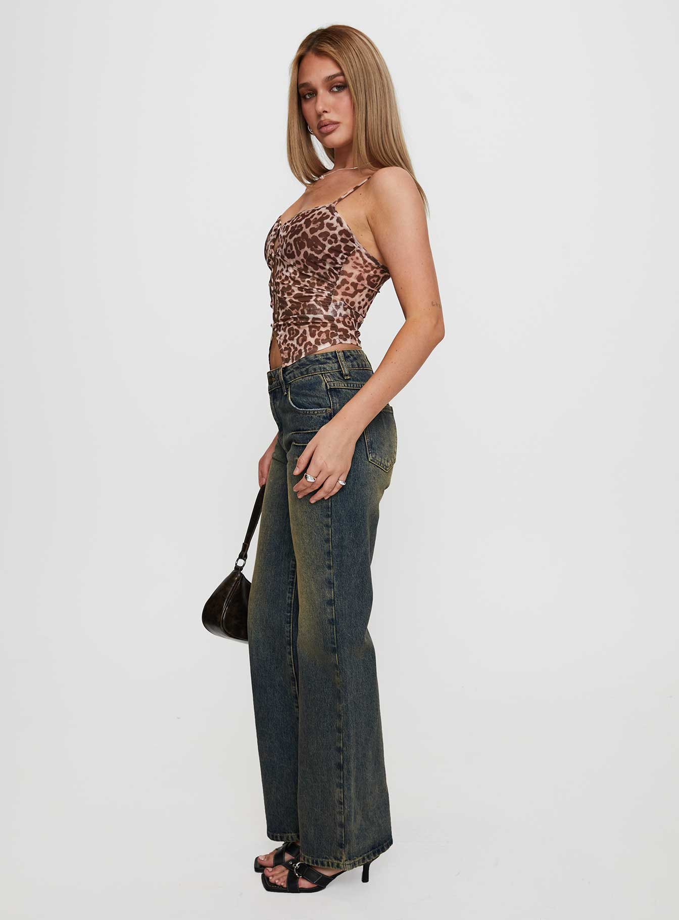 Inverness Pinched Detail Mid Rise Wide Leg Jeans Tea - Image 3