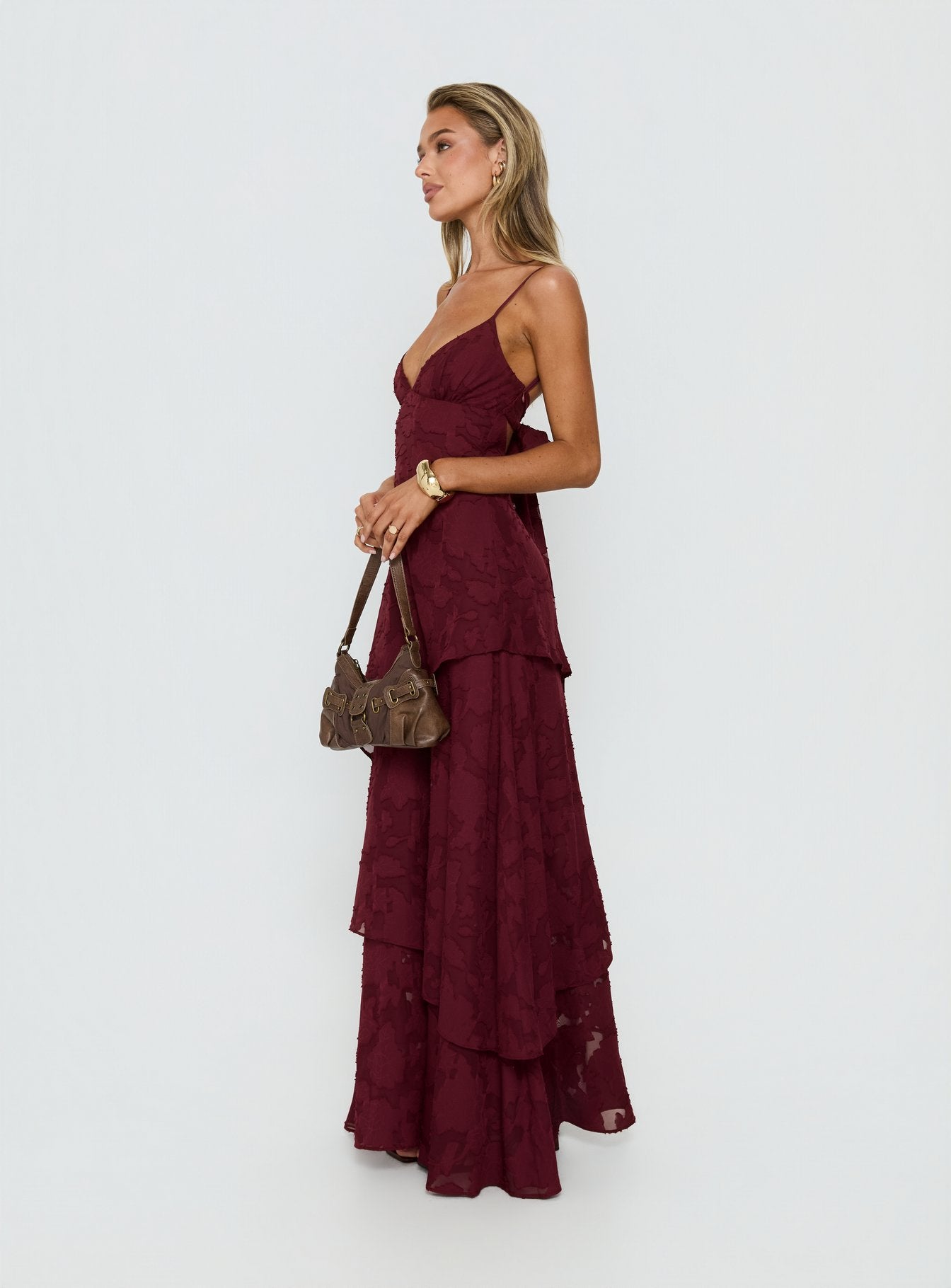 Lyricah Tiered Tie Back Maxi Dress Burgundy - Image 4