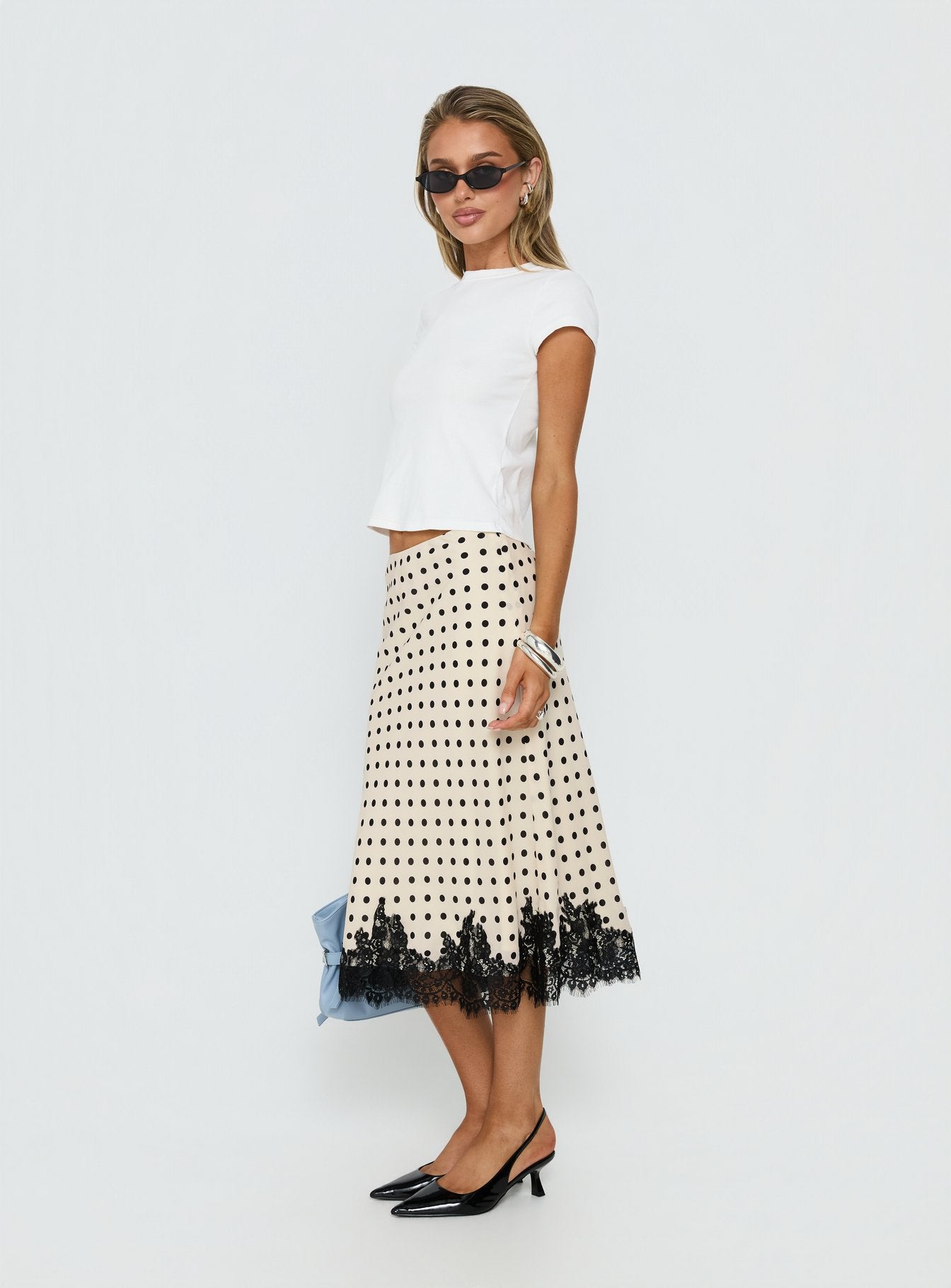 Downtown Scene Lace Trim Maxi Skirt Cream Polka - Image 4