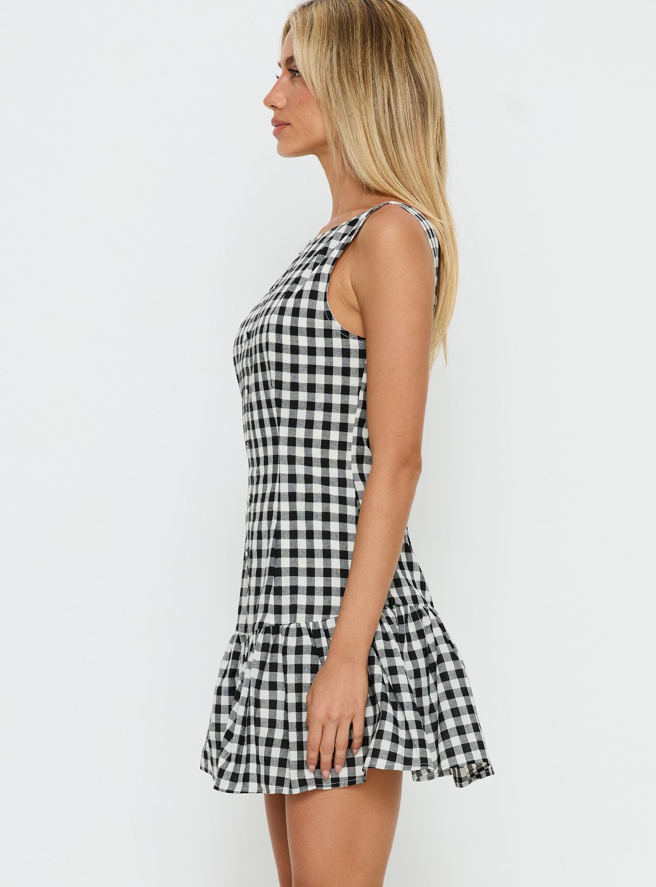 Kolbie Boat Neck Frill Mini Dress Black / White Check - Image 2