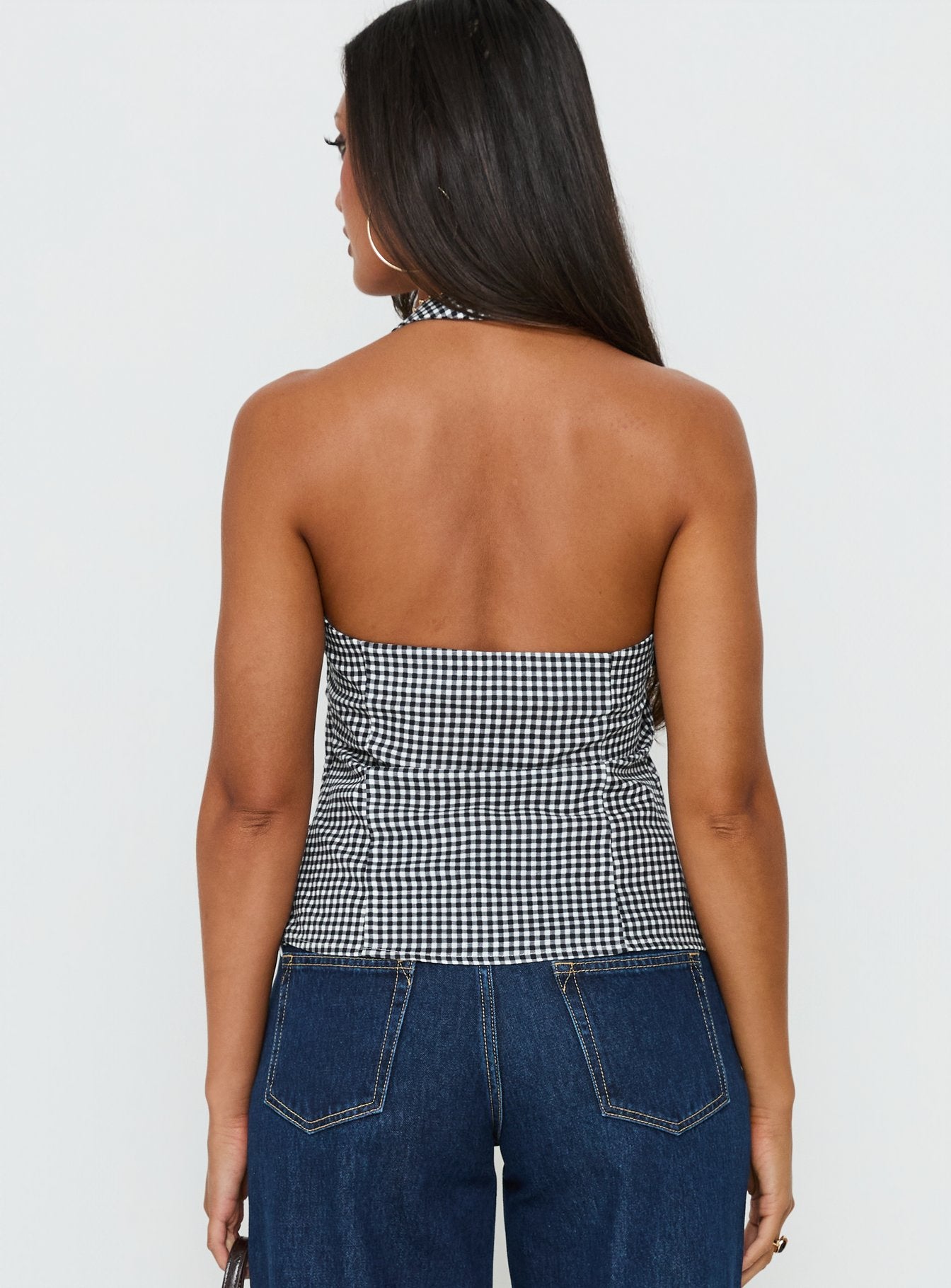 Puzzle Pieces Tie Detail Halter Top Black / White Gingham - Image 4