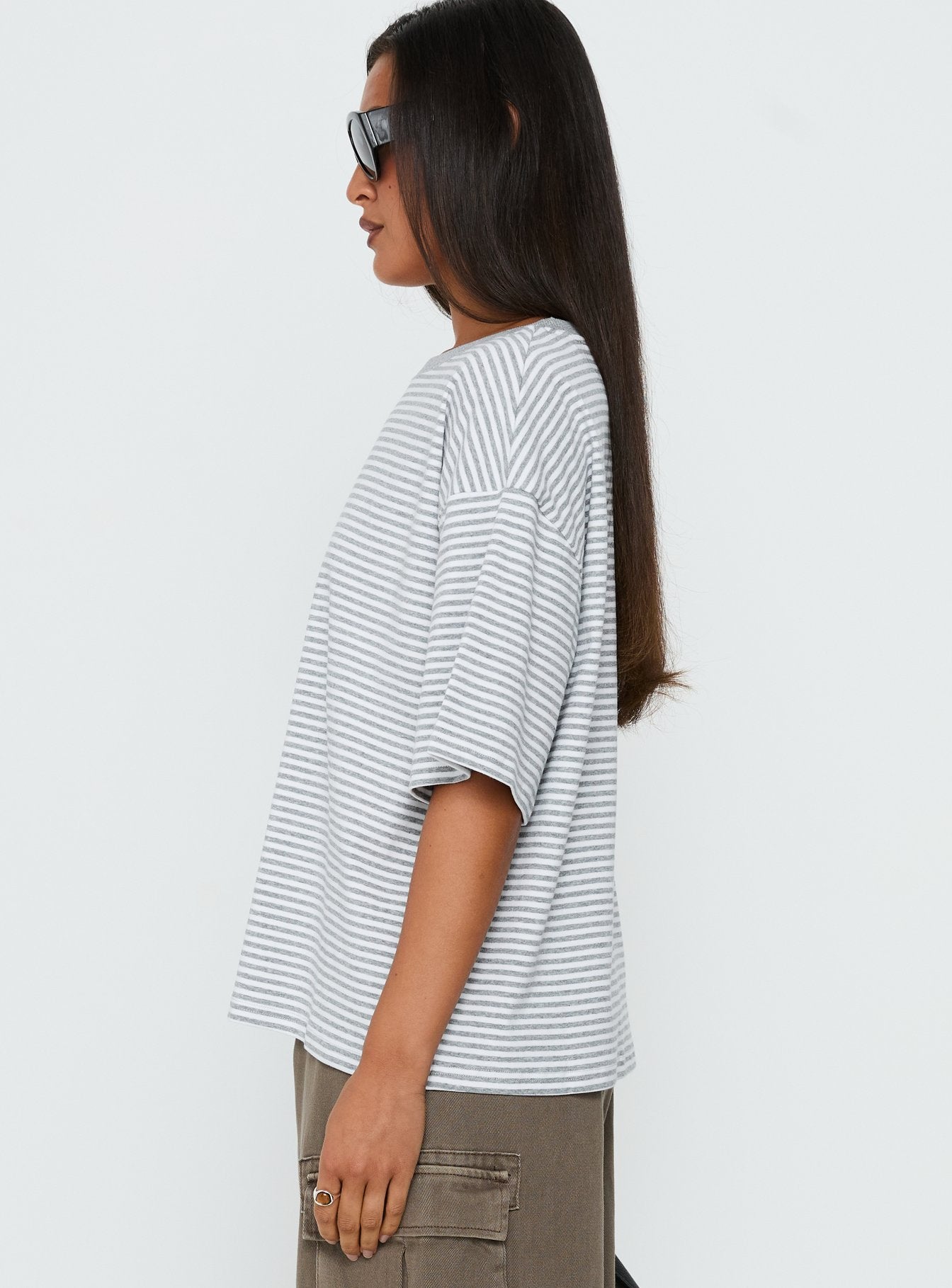 Settle Down Short Sleeve Top Grey / White Stripe - Image 4