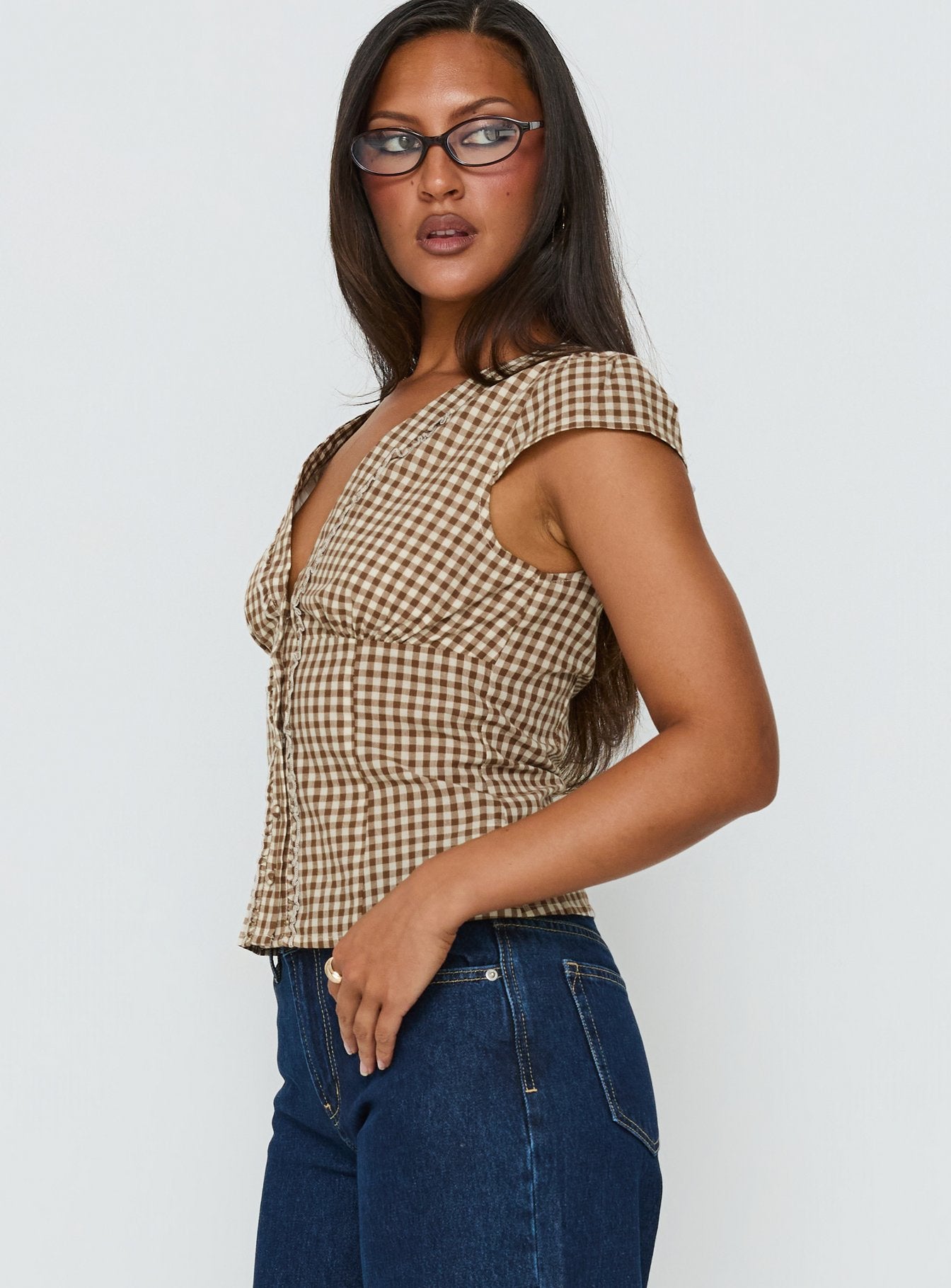 Bradlie Frill Detail Short Sleeve Blouse Top Chocolate Gingham - Image 4