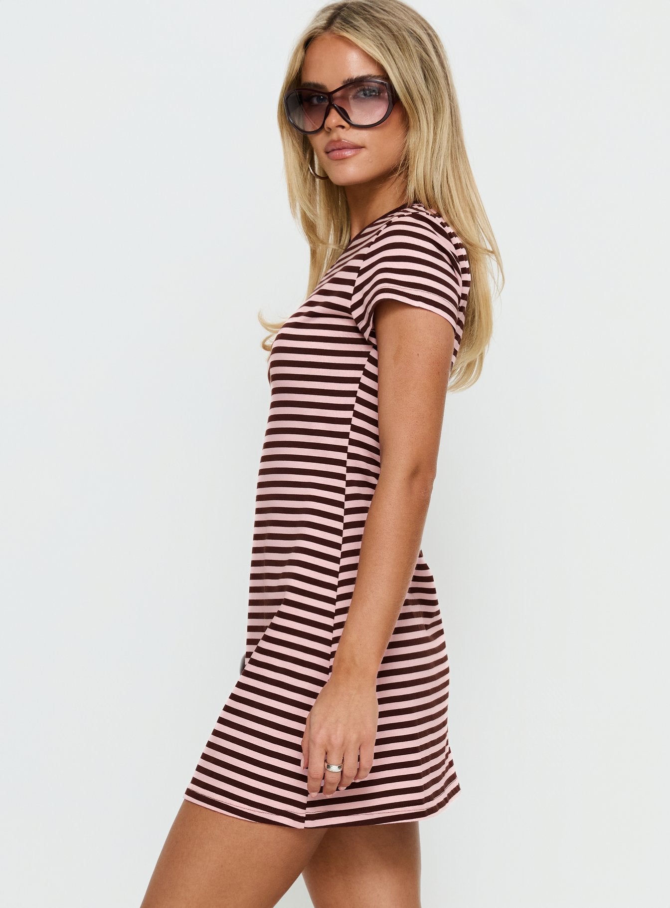 Settle Down Short Sleeve Mini Dress Pink / Brown Stripe - Image 4