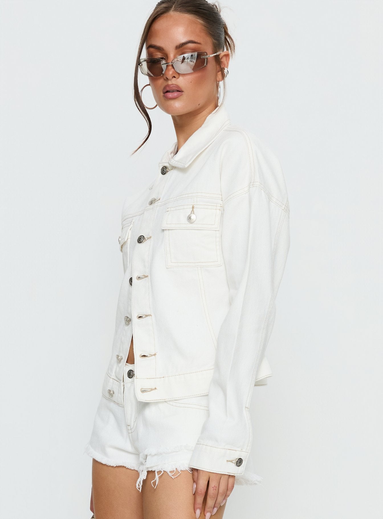 Caresse Cinched Denim Jacket White - Image 4