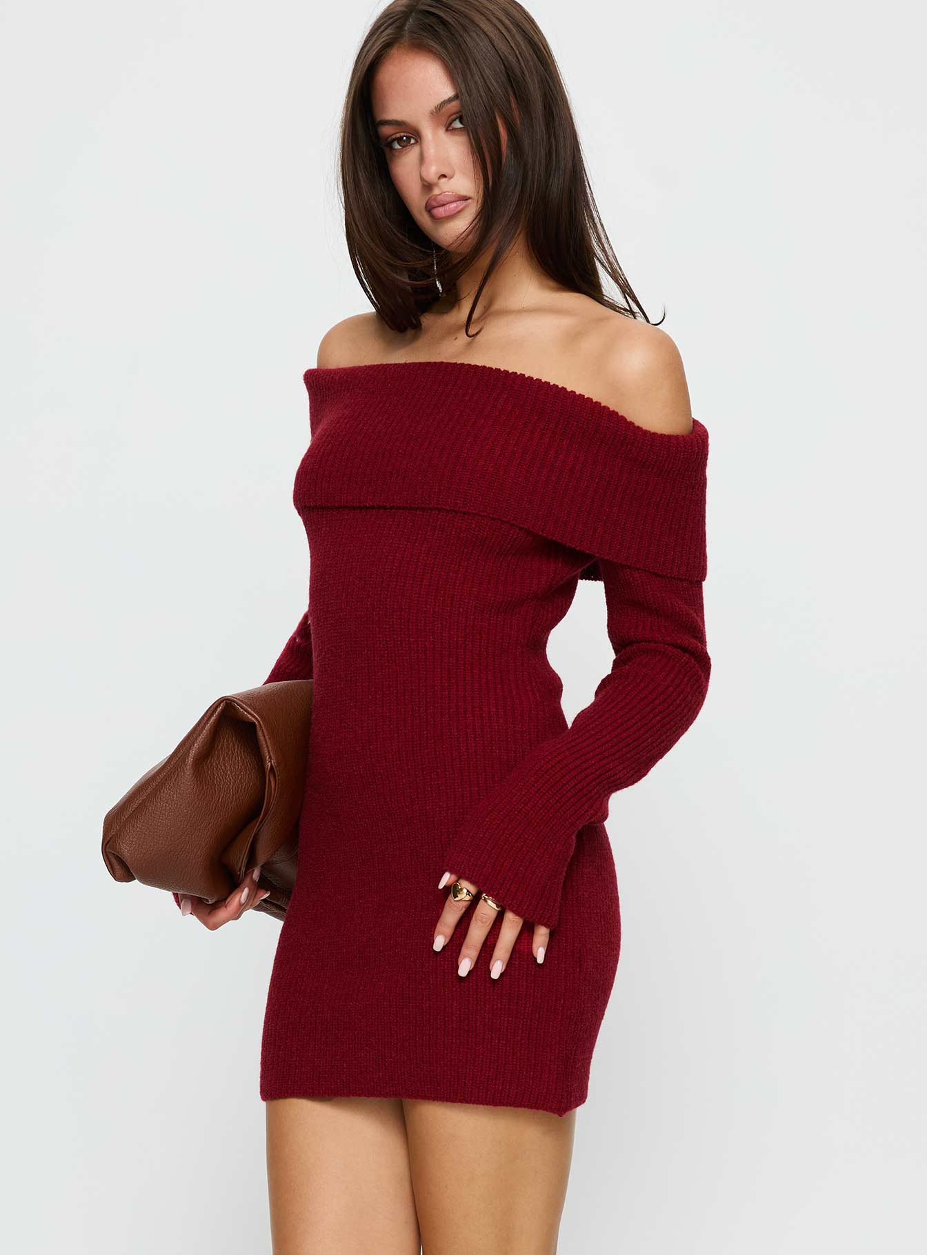 Noriko Long Sleeve Knit Mini Dress Burgundy - Image 4