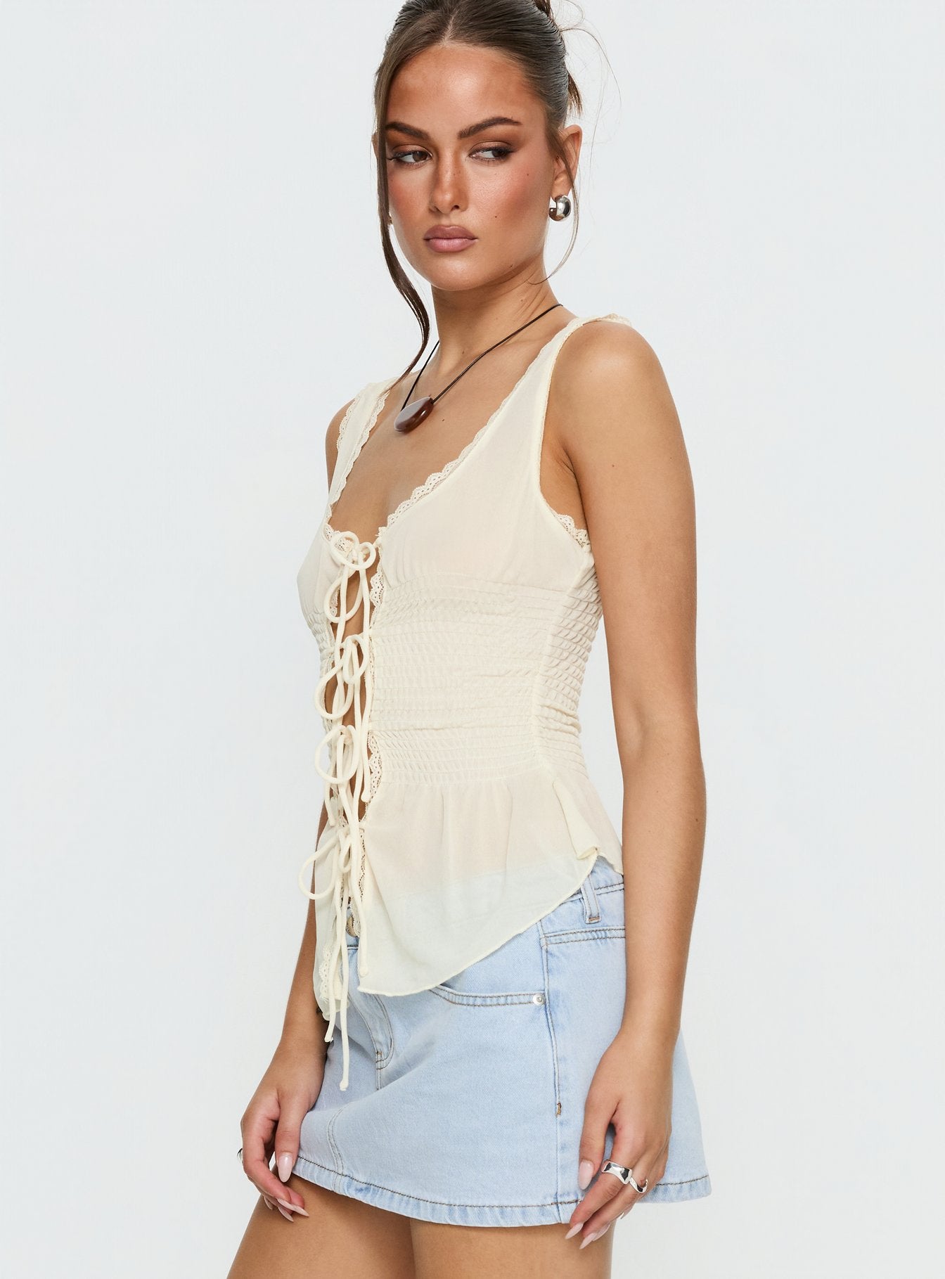 Naelina Sheer Tie Up Top Butter - Image 3