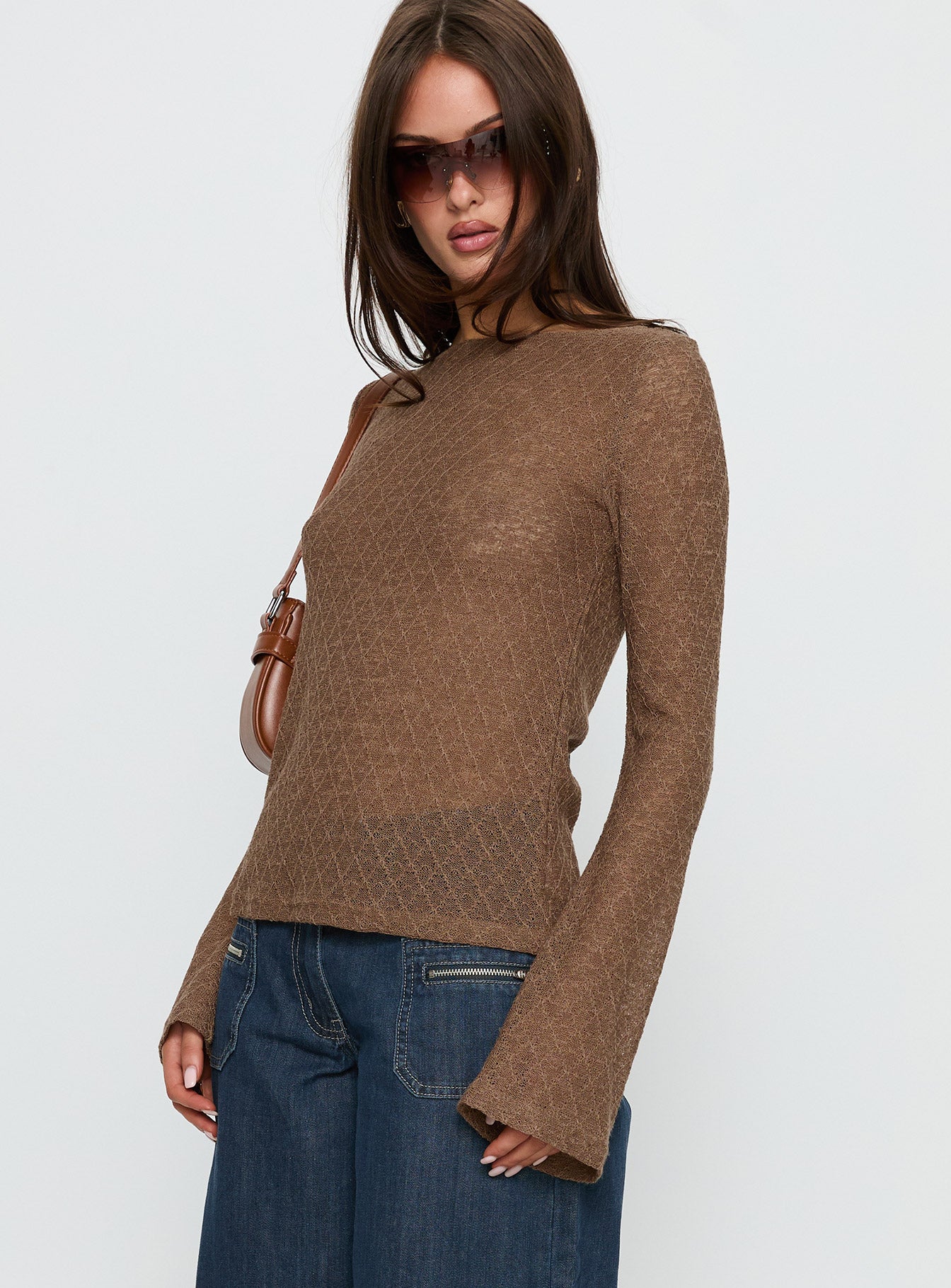 Tuppence Textured Long Sleeve Top Brown - Image 4