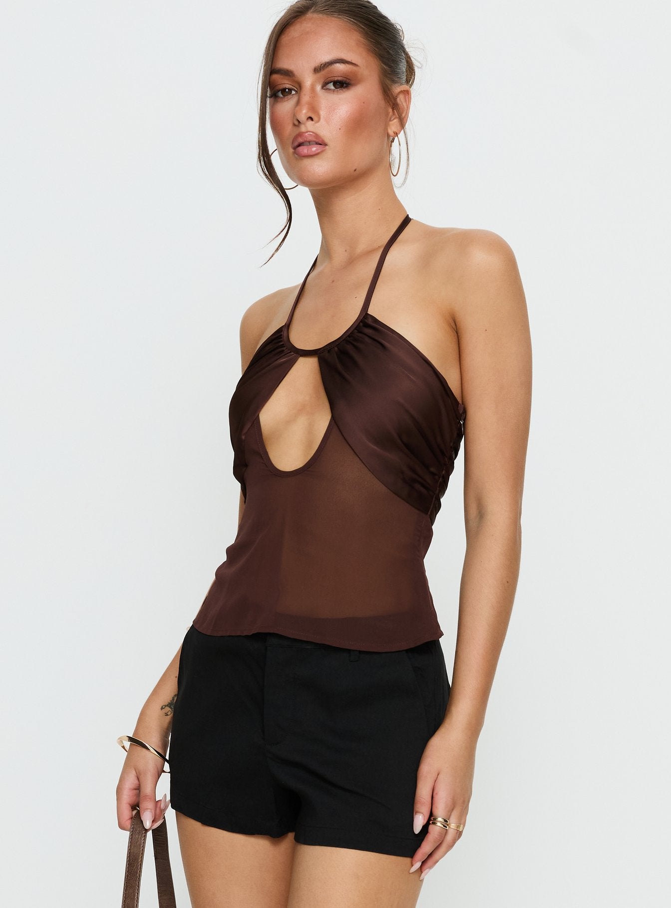 Whisperer Halter Chiffon Top Brown - Image 3