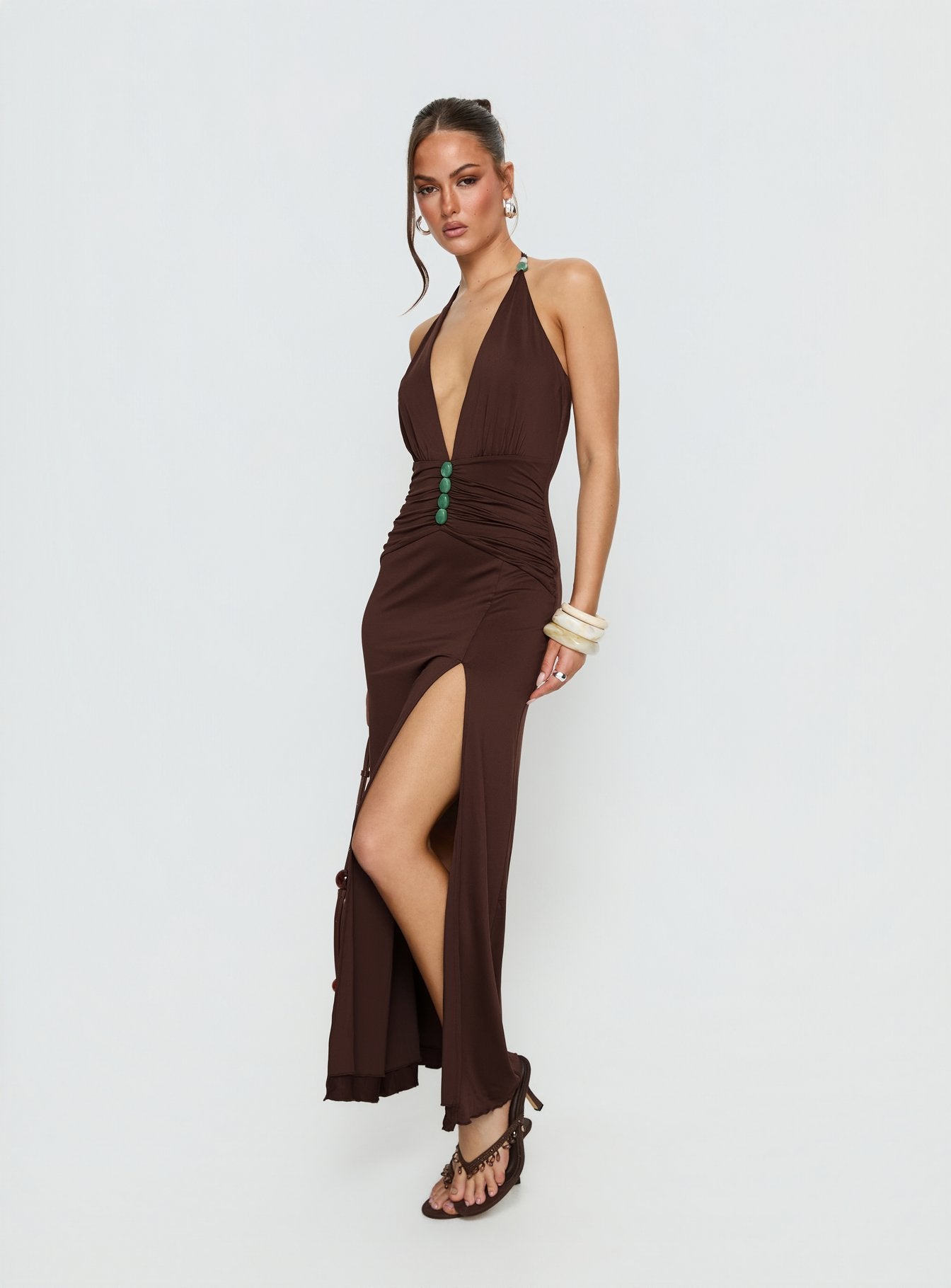 Sasami Halter Plunge Maxi Dress Chocolate - Image 4