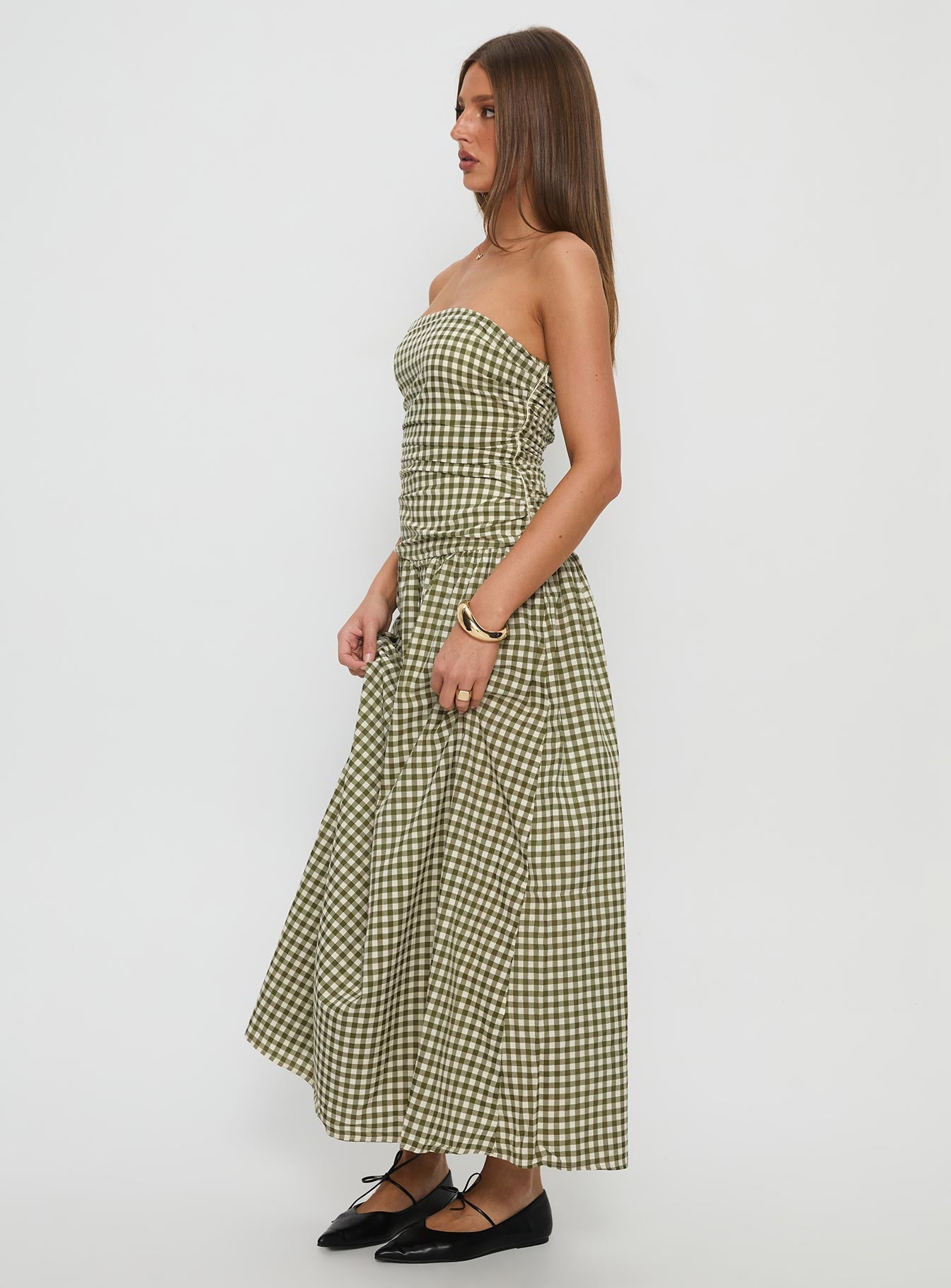 Frankey Strapless Drop Waist Maxi Dress Green Check - Image 4