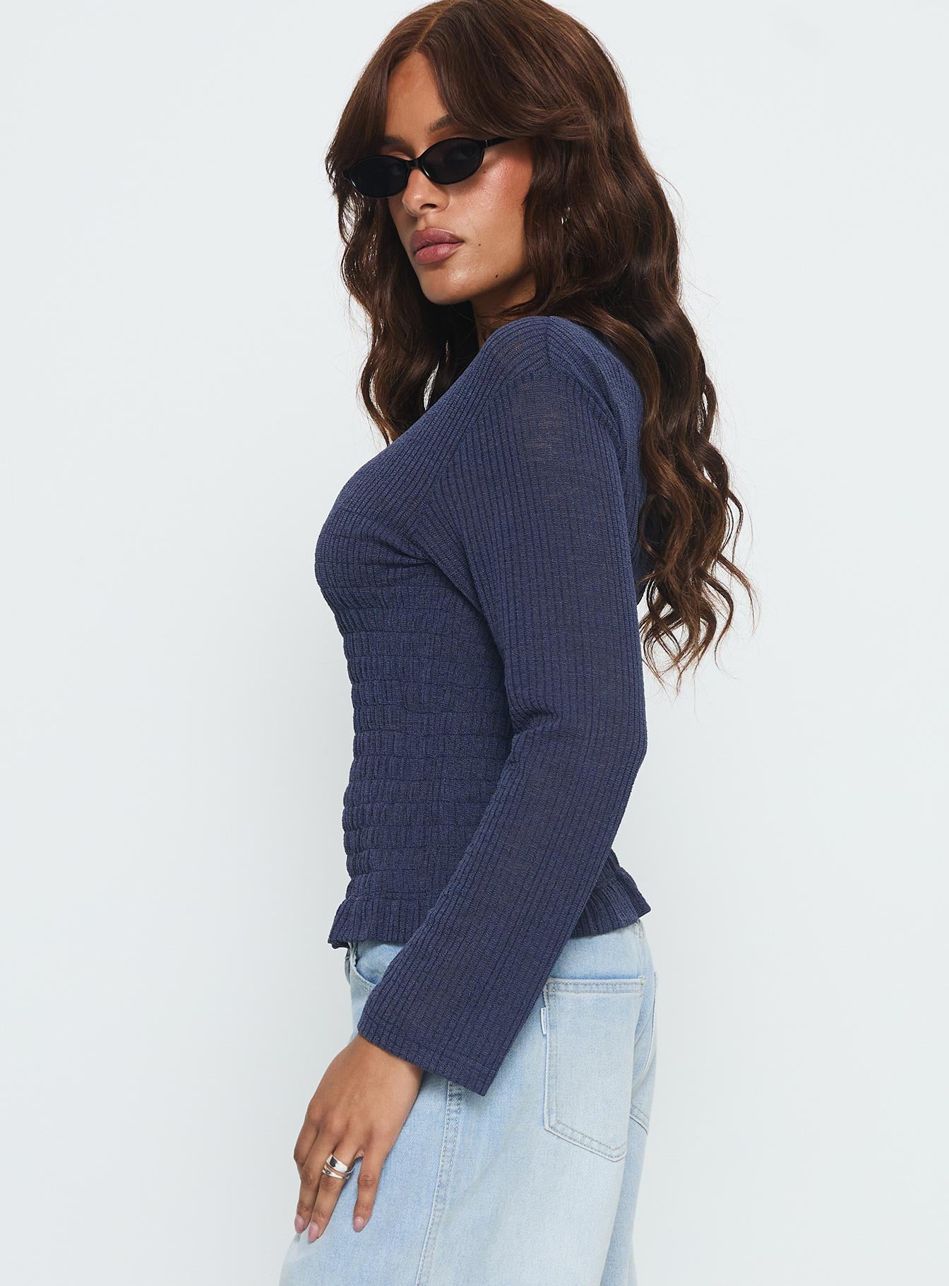 Bradly Shirred Long Sleeve Top Navy - Image 4