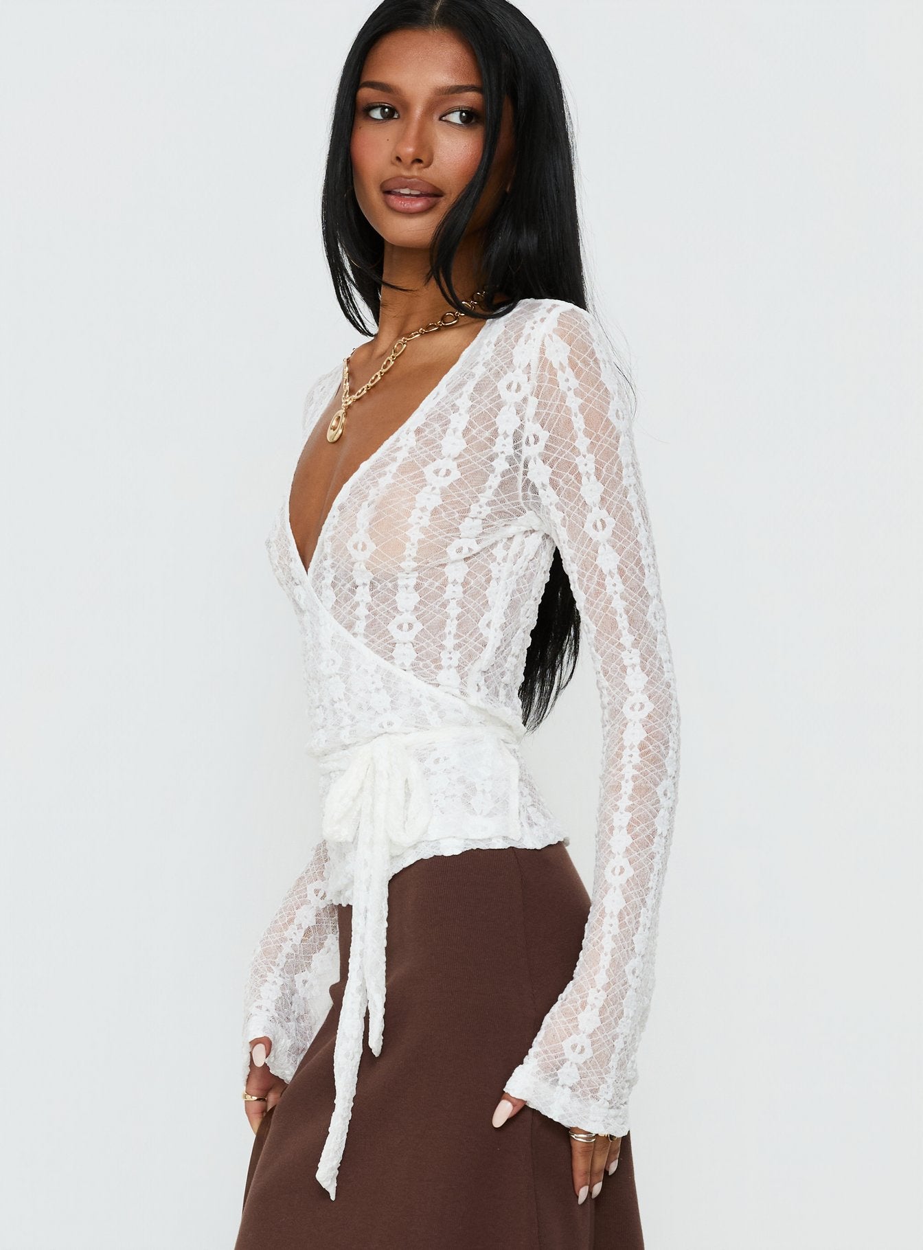 Melara Lace Long Sleeve Wrap Top White - Image 4