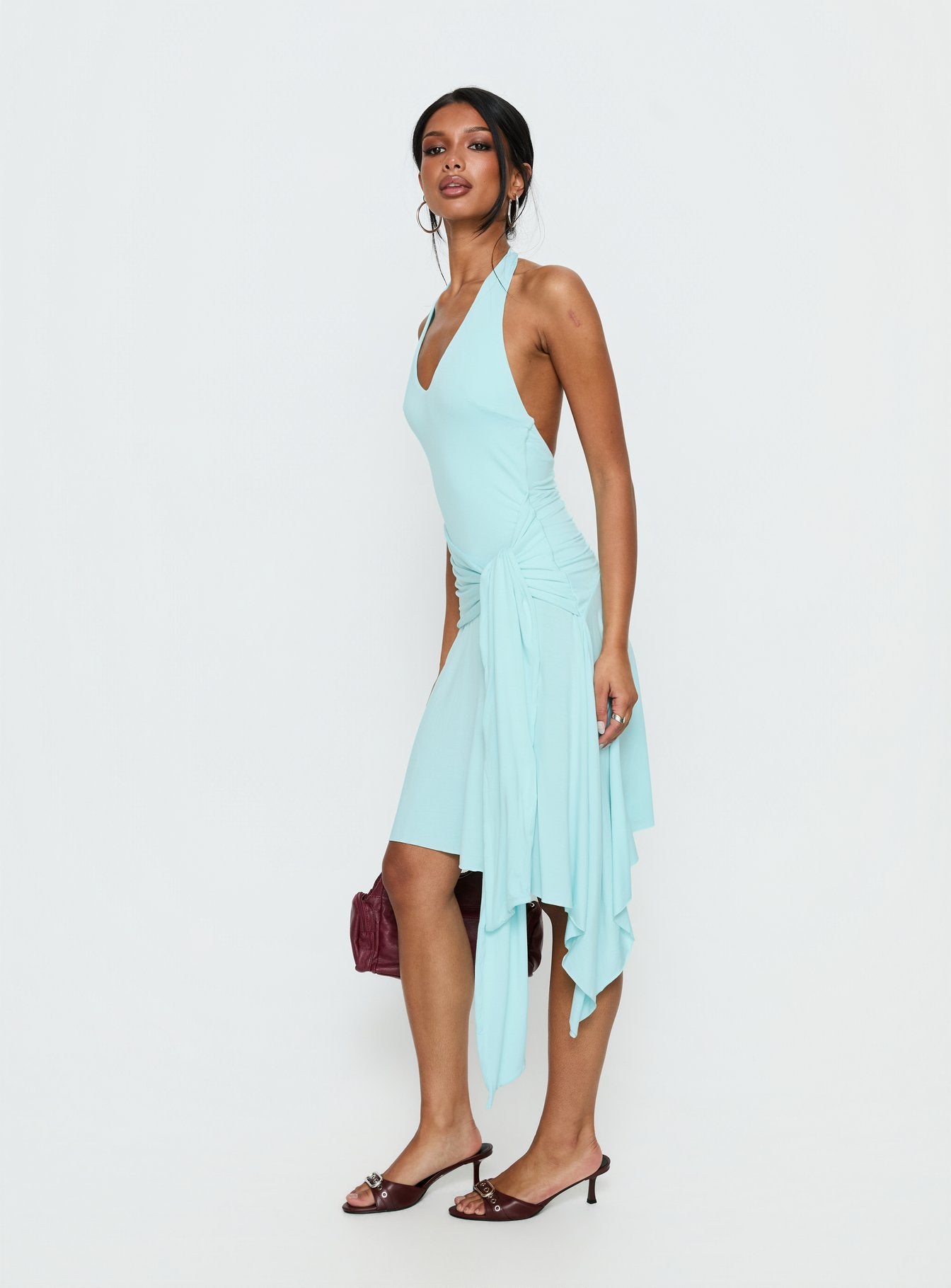 Moonlit Honey Asymmetrical Halter Jersey Midi Dress Turquoise - Image 4