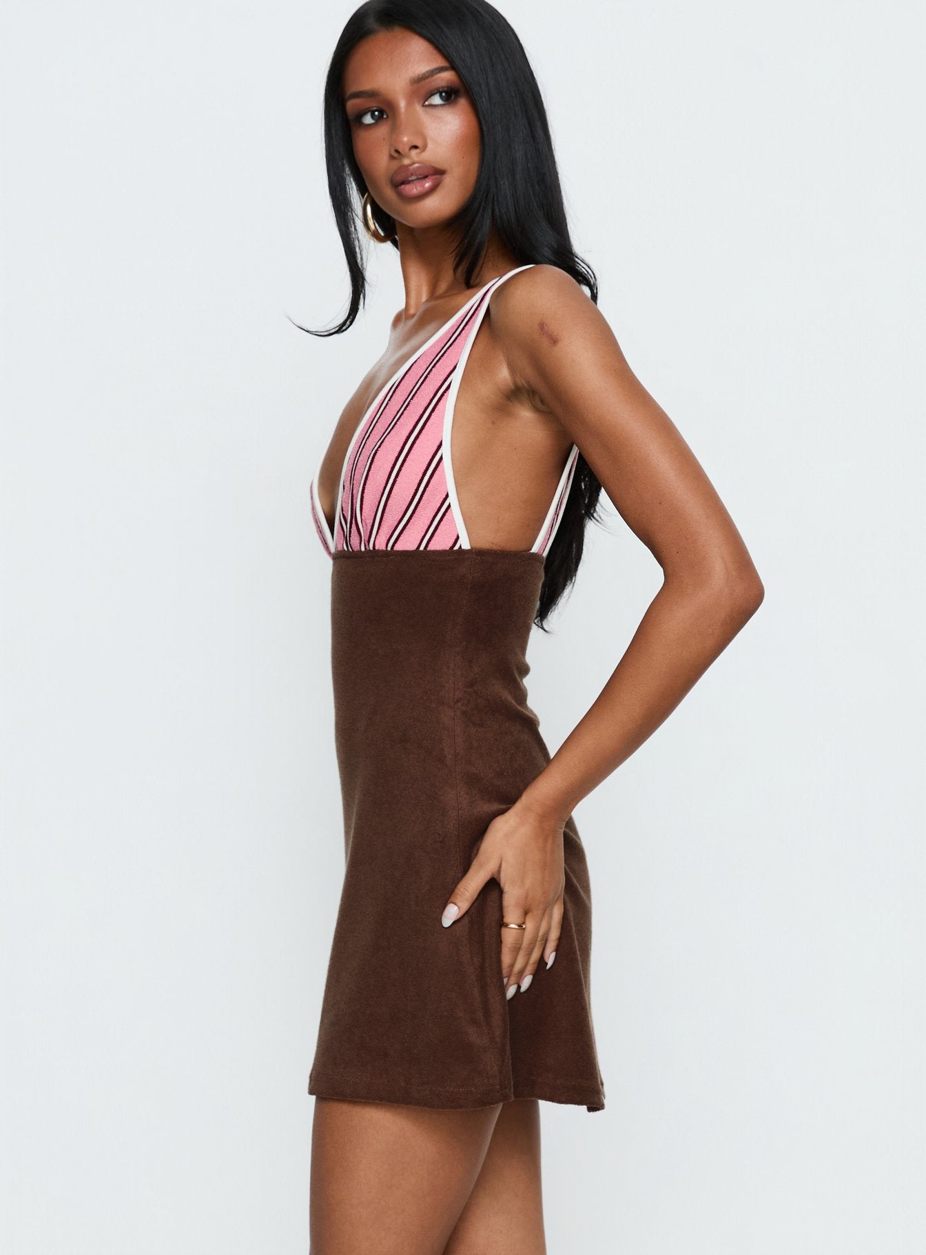 Aydenn Contrast Plunge Mini Dress Pink / Brown - Image 3