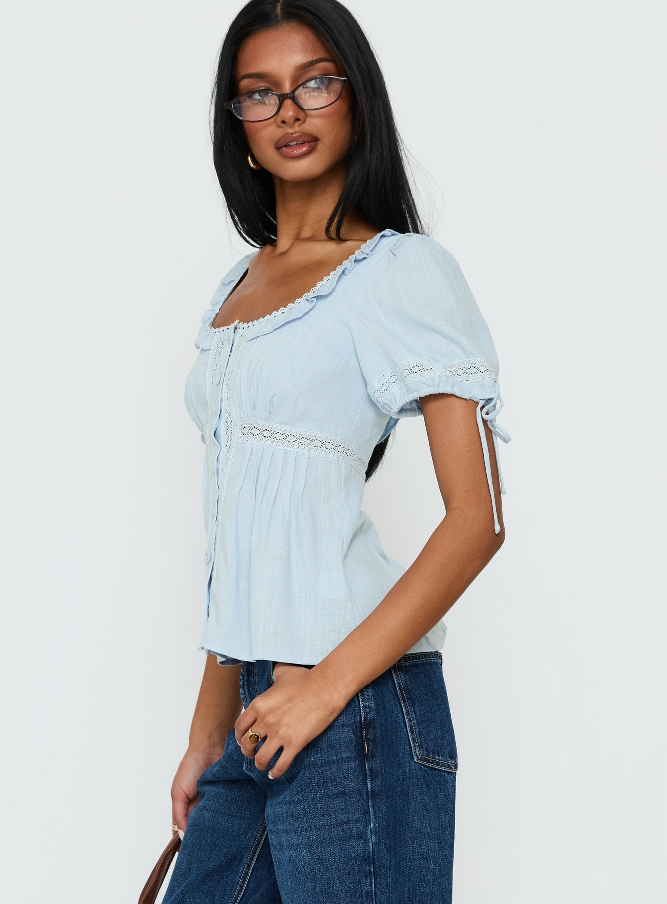 Indianah Pleat Lace Panel Blouse Top Blue - Image 4