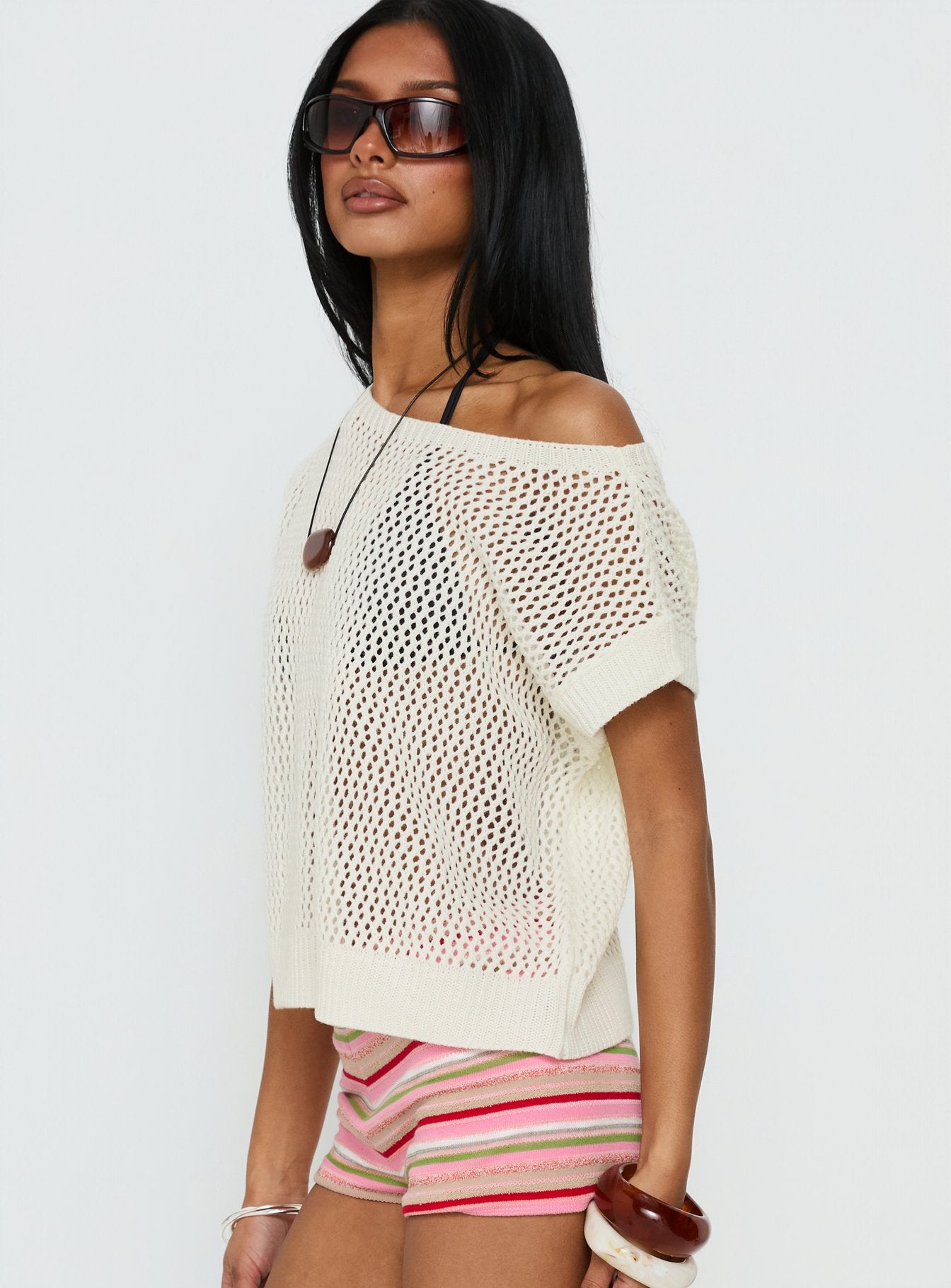 Lorenzina Sheer Crochet Off Shoulder Top Cream - Image 4