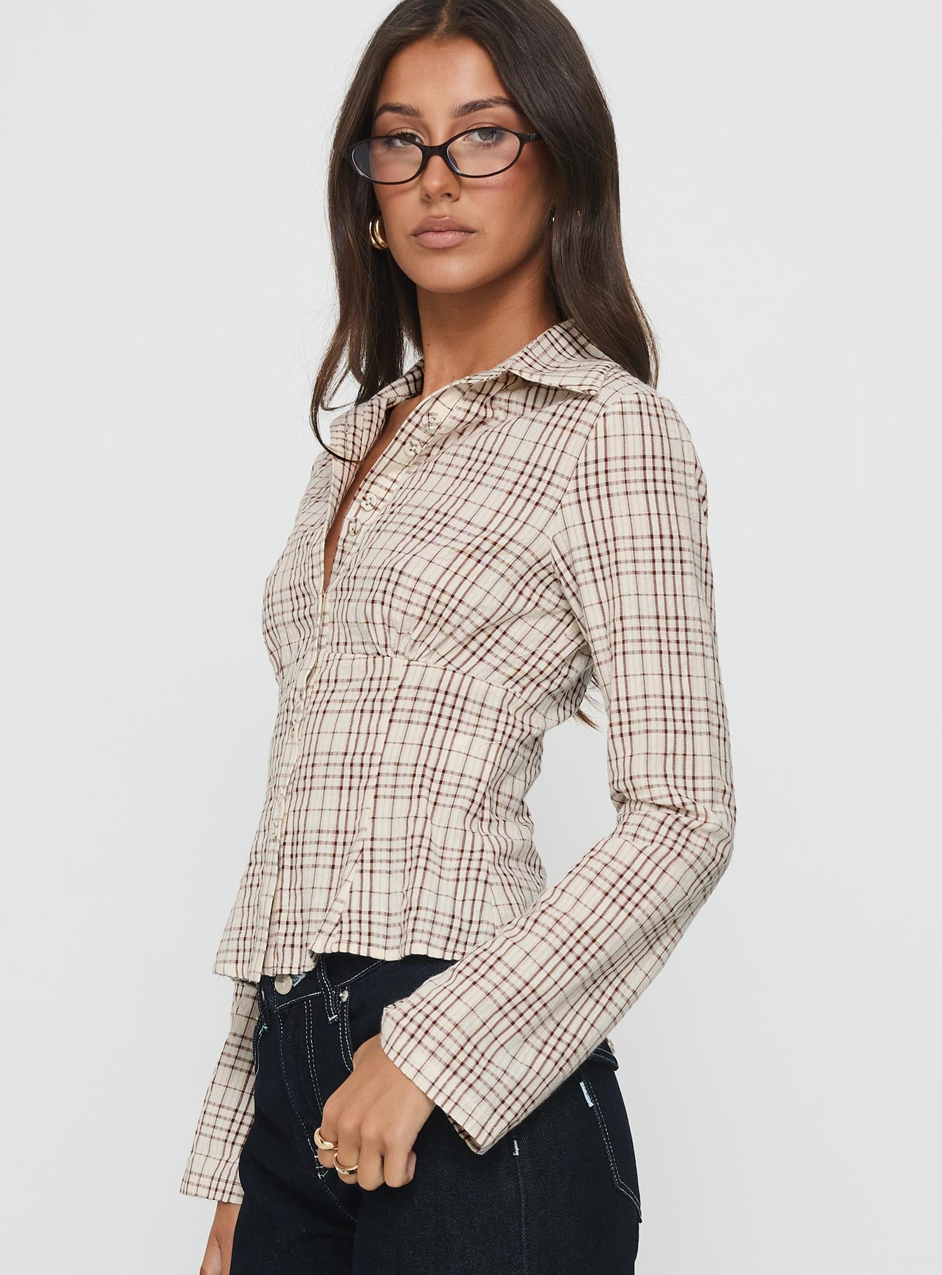 Cottesloe Long Sleeve Blouse Top Brown Check - Image 4