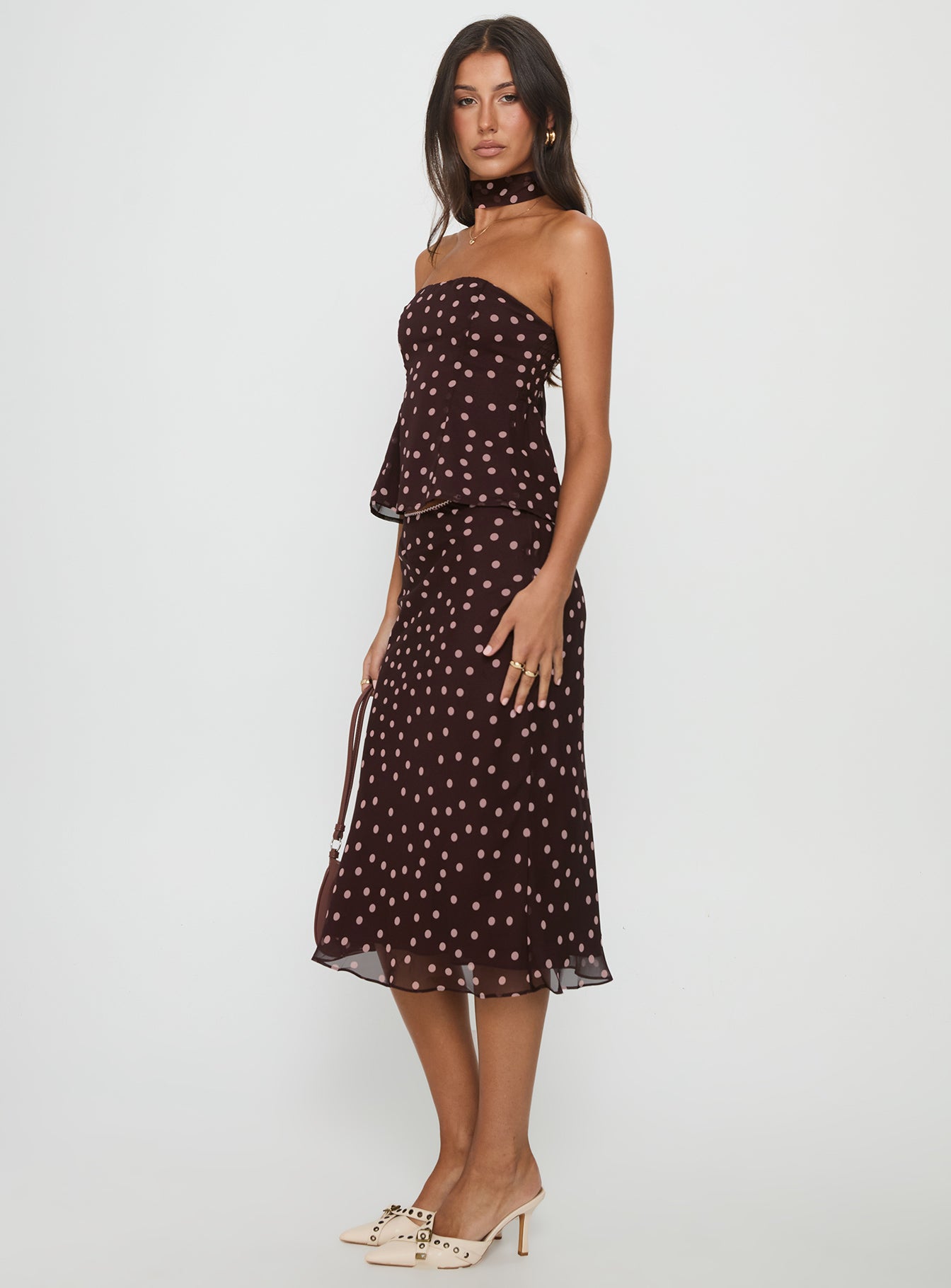 Sydni Midi Bias Cut Skirt Chocolate / Pink Polka - Image 4