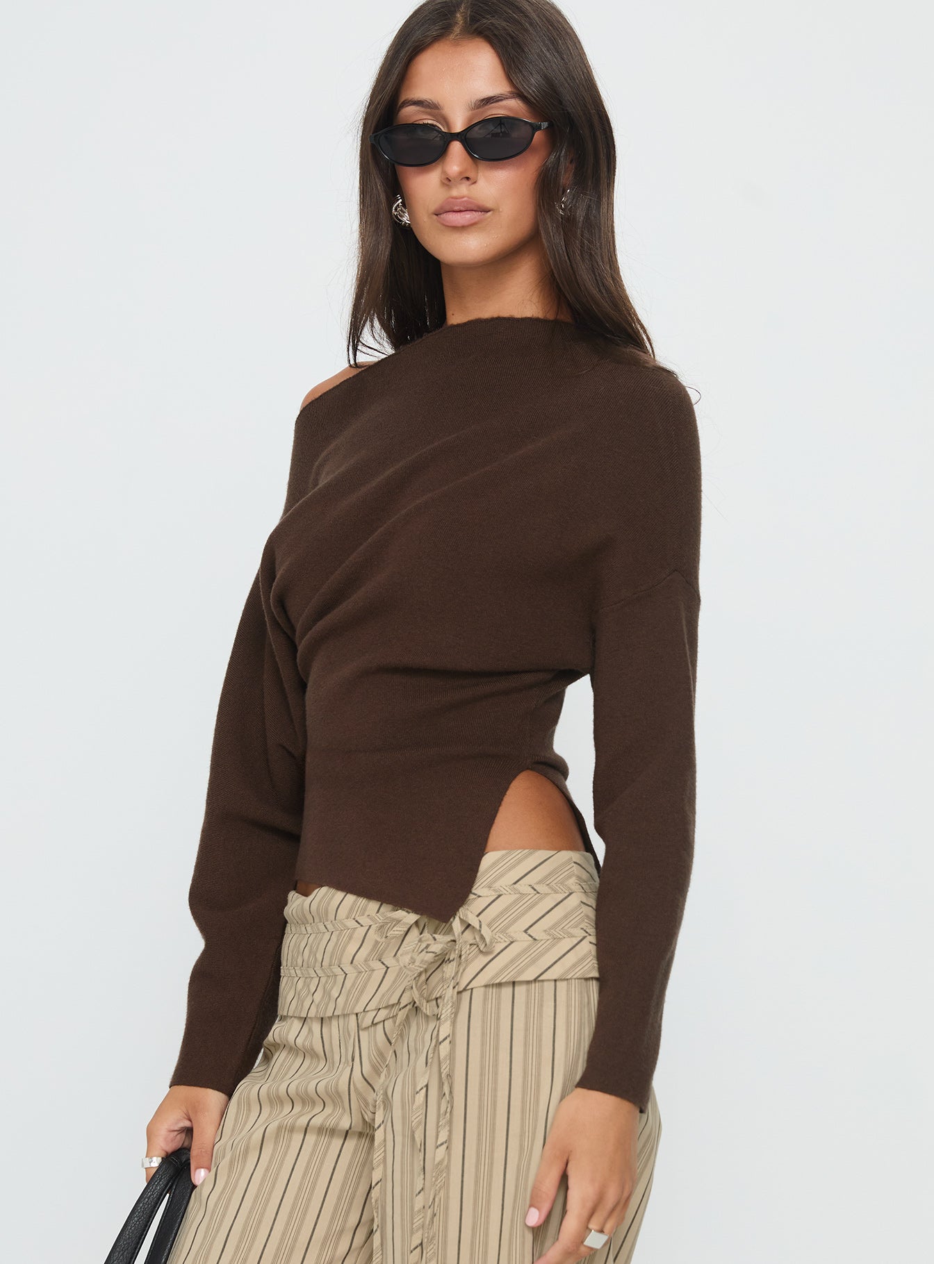 Kaelith Off Shoulder Knit Sweater Brown - Image 4