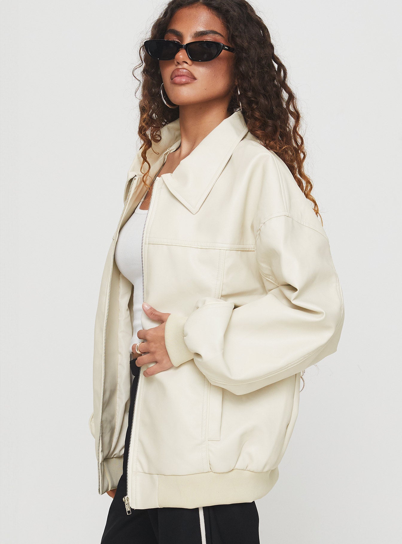 Goldsmith Faux Leather Bomber Jacket Cream - Image 4