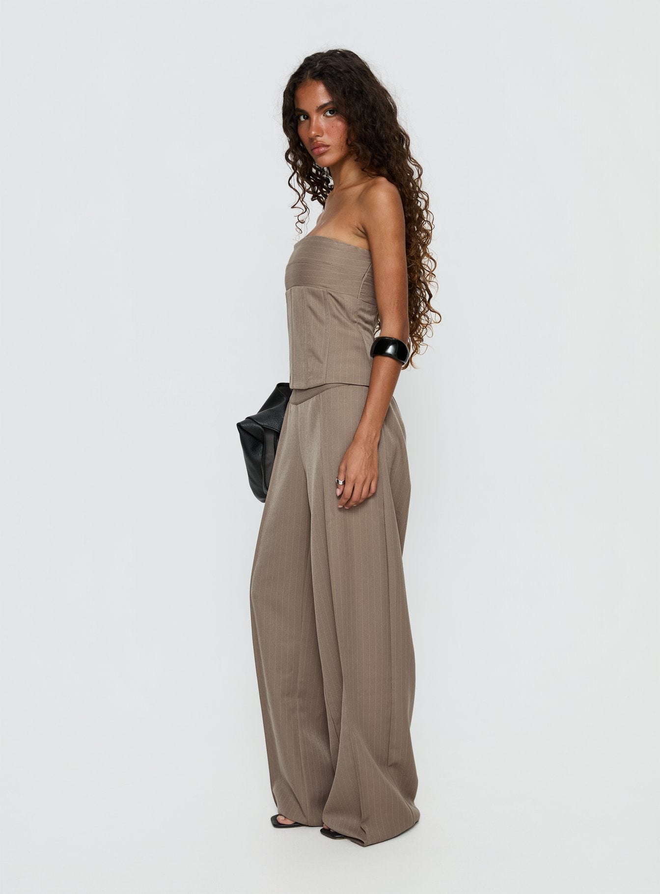 Madelle Strapless Tie Up Top Brown Pinstripe - Image 4