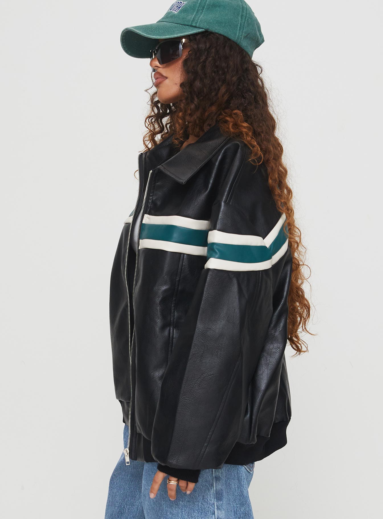 Goldsmith Faux Leather Bomber Jacket Black / Green - Image 4