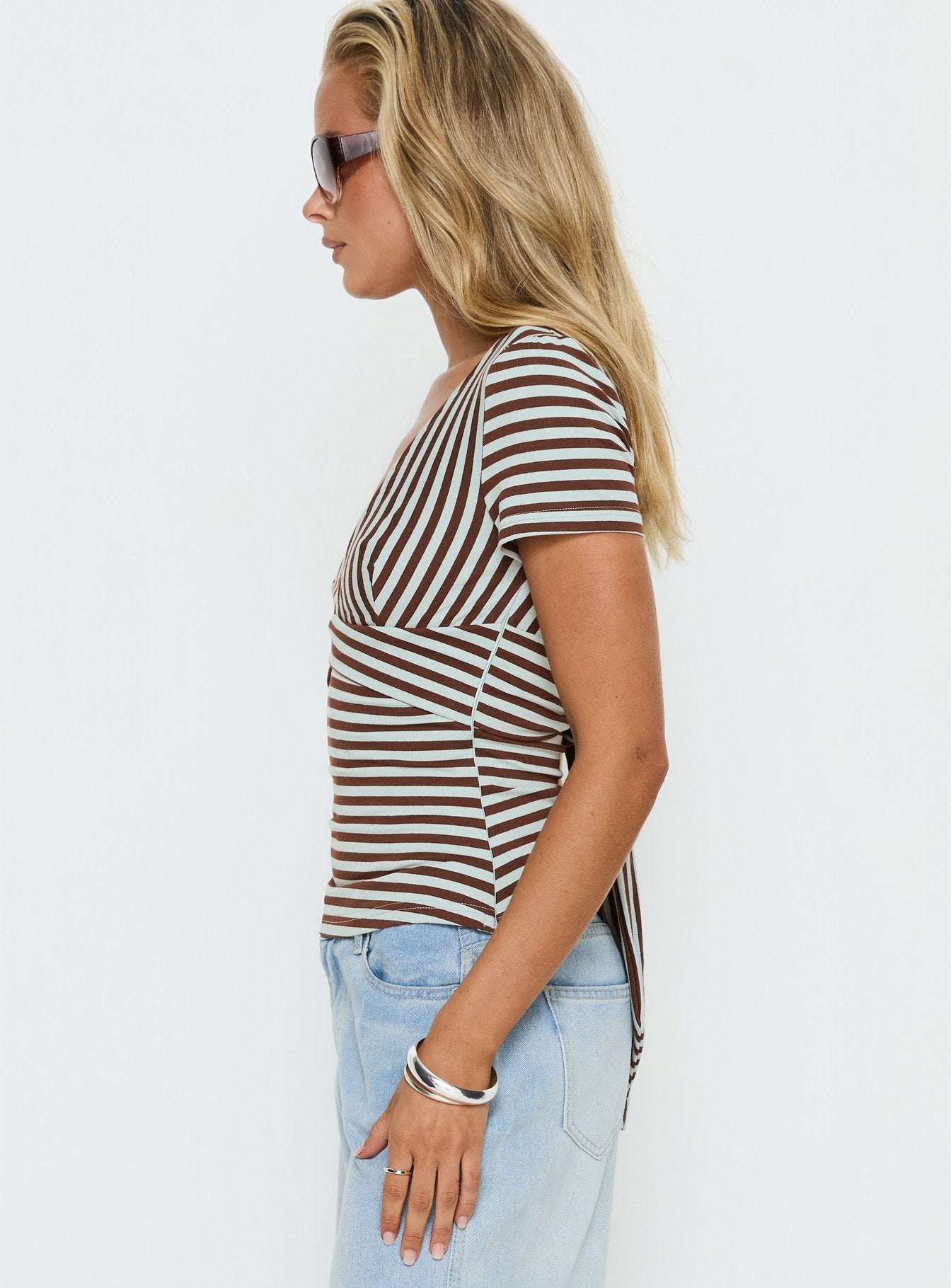 Madelon Short Sleeve Wrap Top Brown / Blue Stripe - Image 5