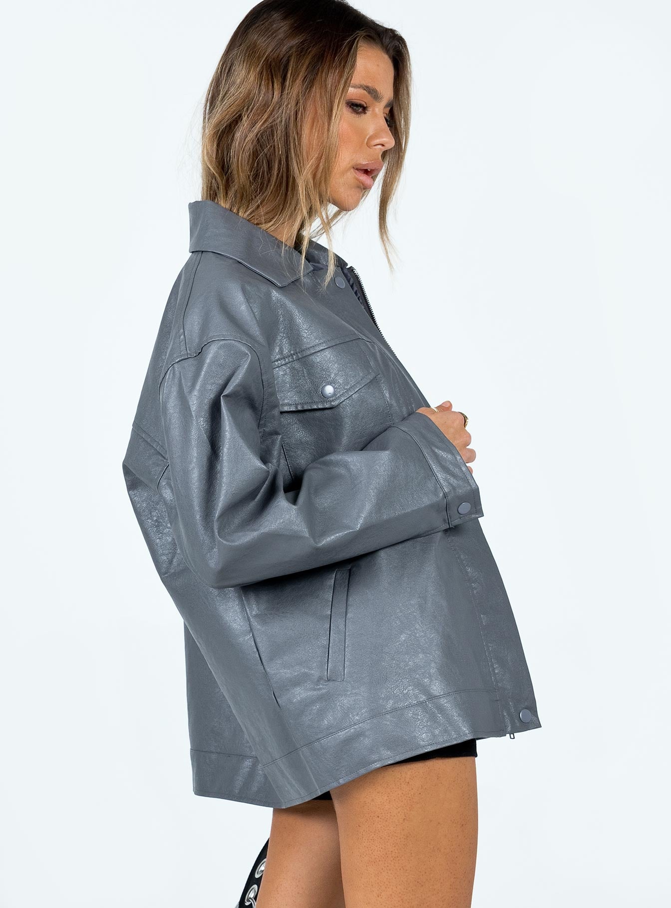 Callie Faux Leather Jacket Grey - Image 4