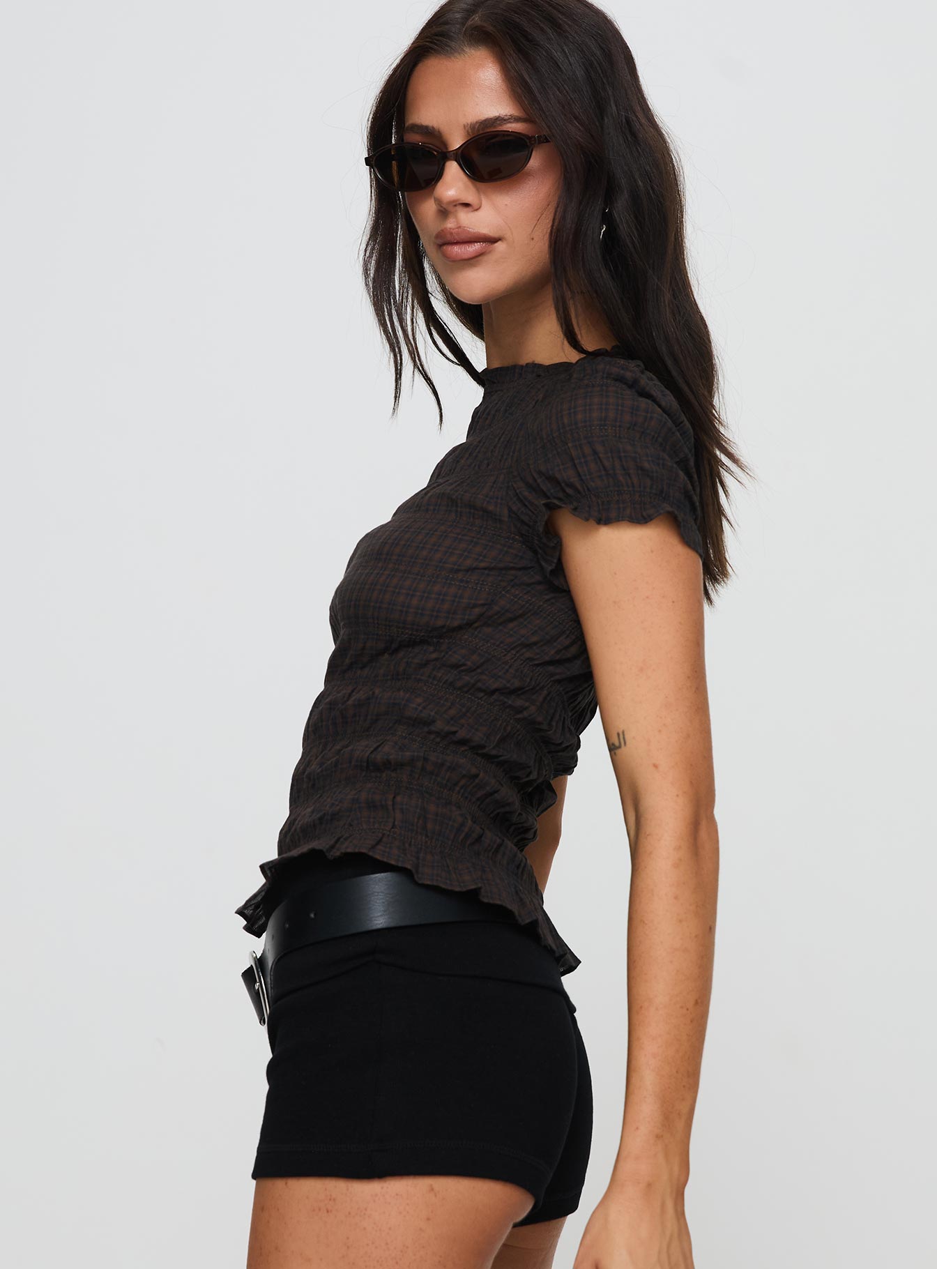 Romelle Shirred Top Black / Brown Plaid - Image 4