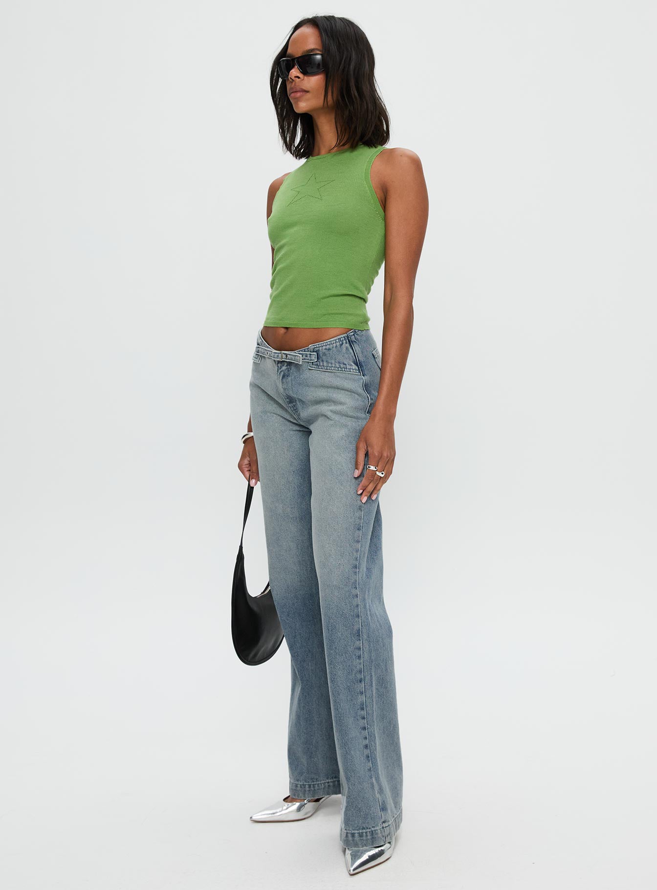 Slow Ride Mid Rise Bootleg Belted Jeans Light Blue - Image 4