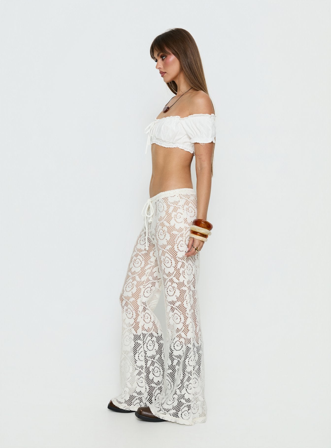 Rosadonna Lace Flare Pants Cream - Image 4