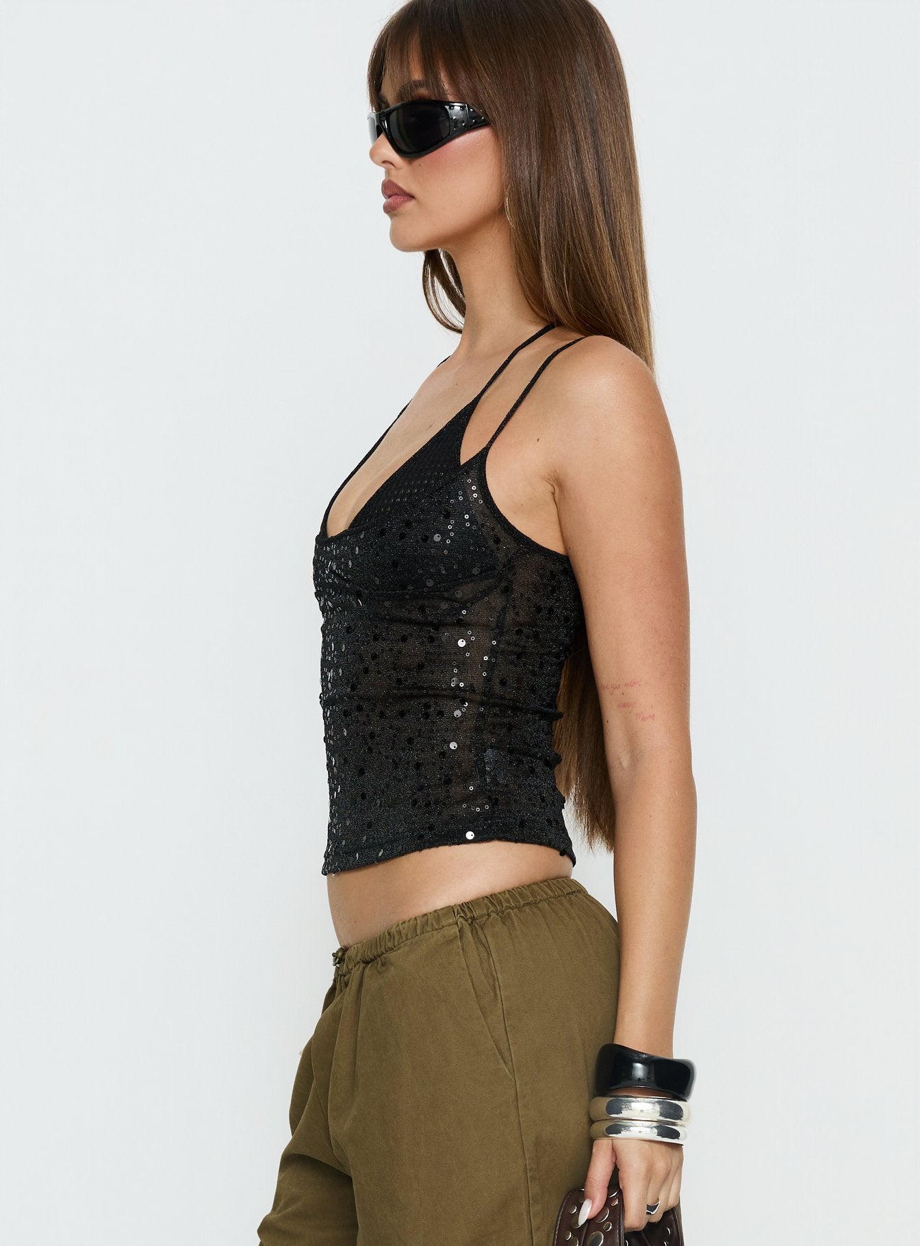 Odena Layered Sequin Cami Top Black - Image 4