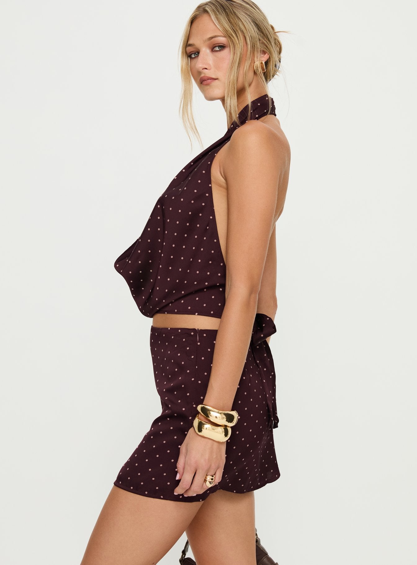 Keiana Mini Skirt Burgundy / Pink Polka - Image 4