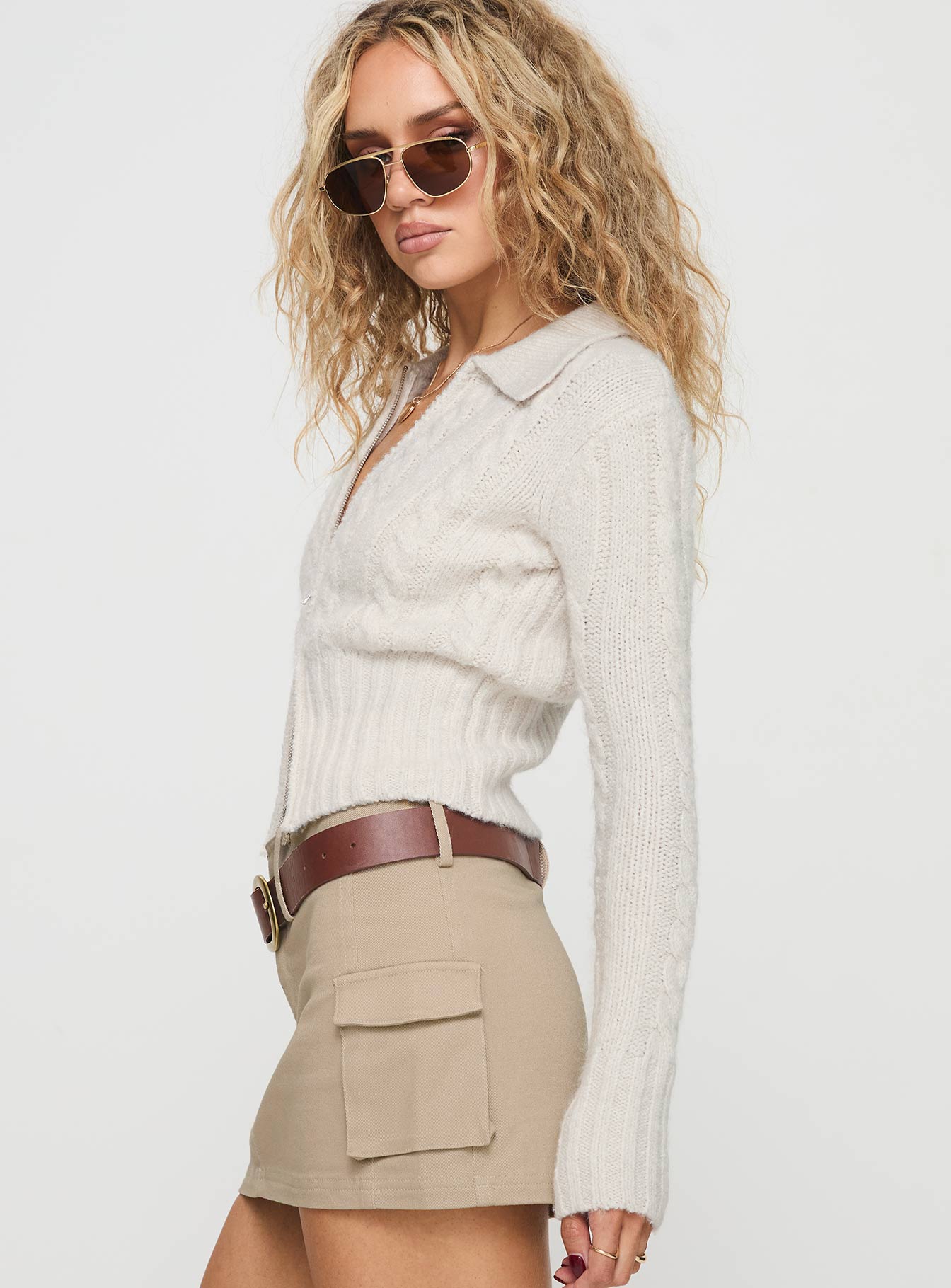 Jeller Zip Front Knit Sweater Beige - Image 4